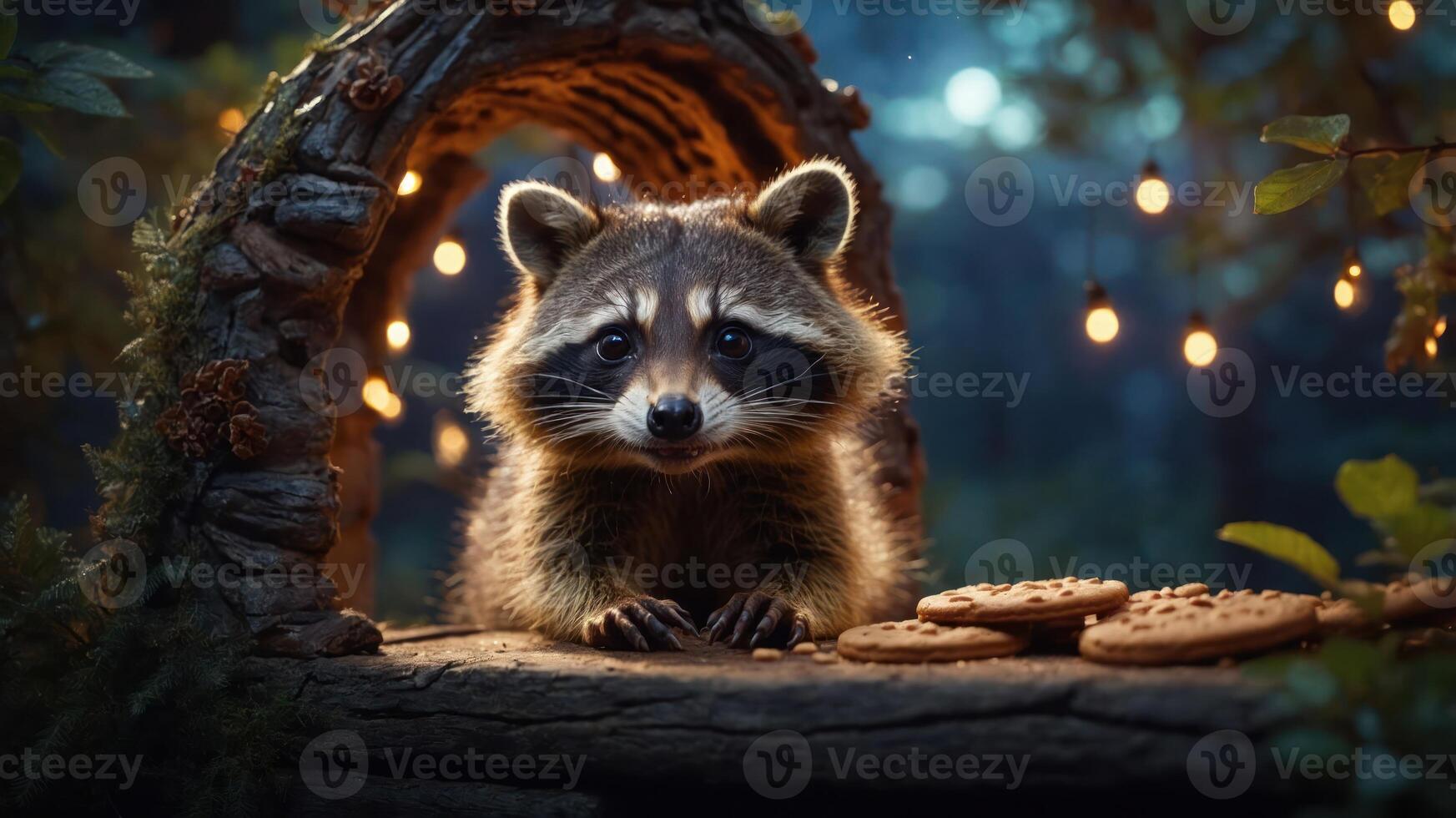 A raccoon sits beside cookies in a whimsical forest setting with glowing lights. photo