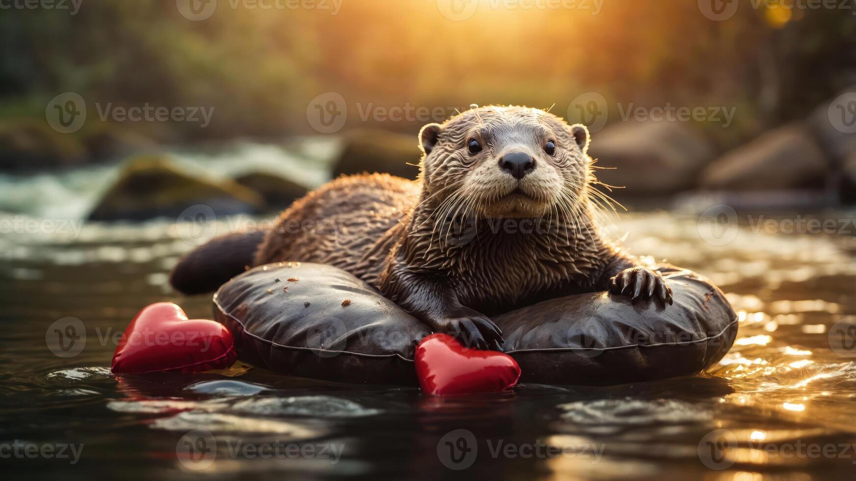 An otter relaxing on a float with heart-shaped decorations in a serene water setting. photo