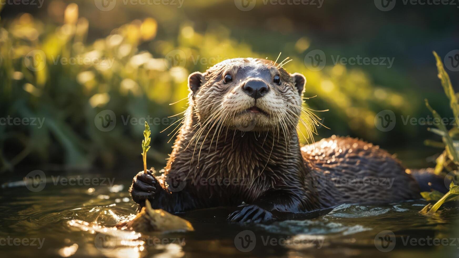 A playful otter holds a leaf while swimming in a serene, sunlit environment. photo