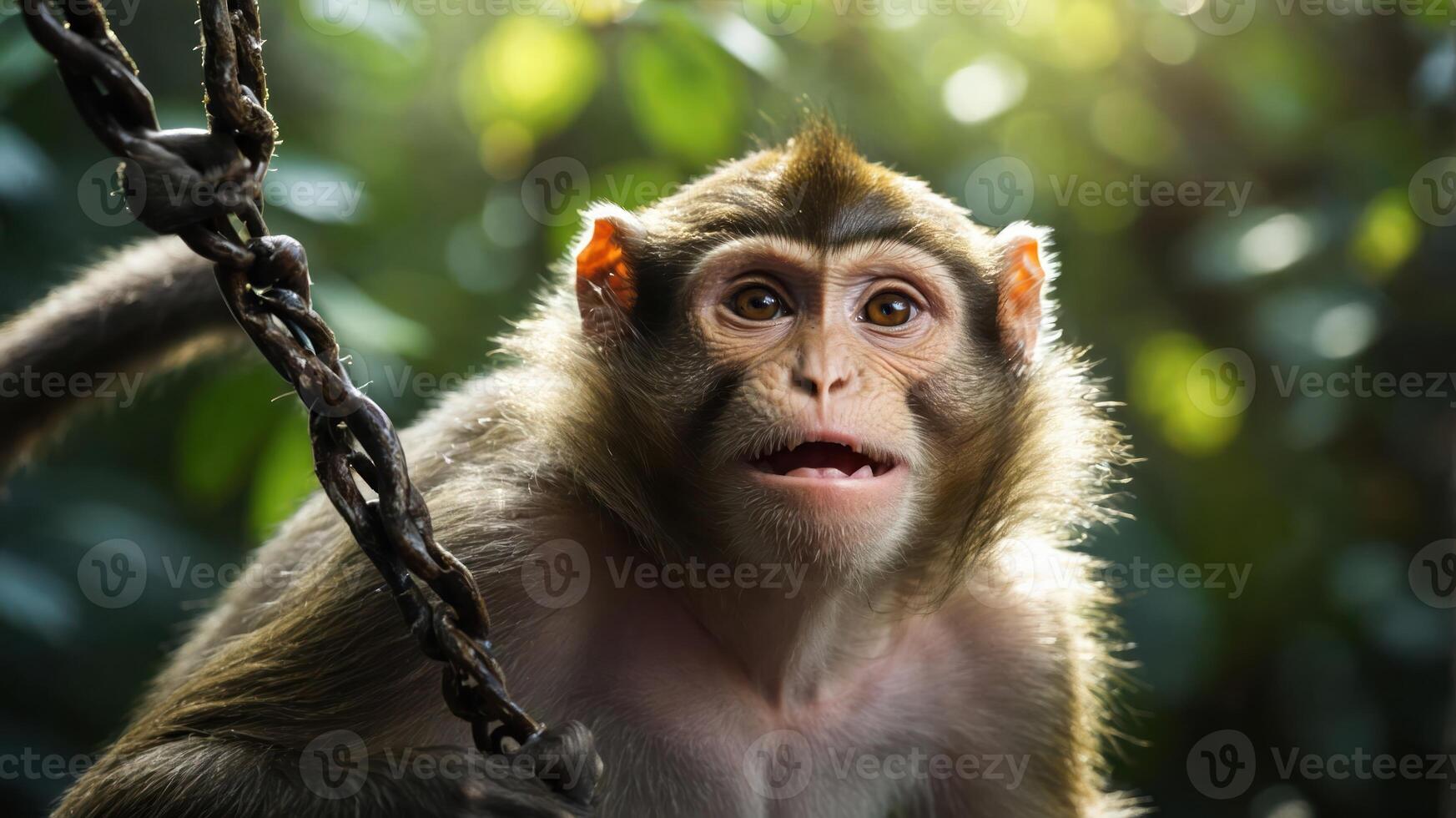 A close-up of a monkey with expressive features in a natural setting. photo