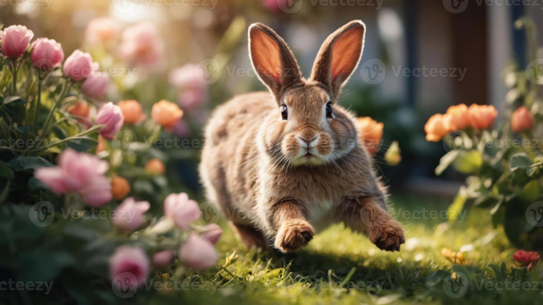 A playful rabbit hops through a vibrant garden filled with blooming flowers. photo