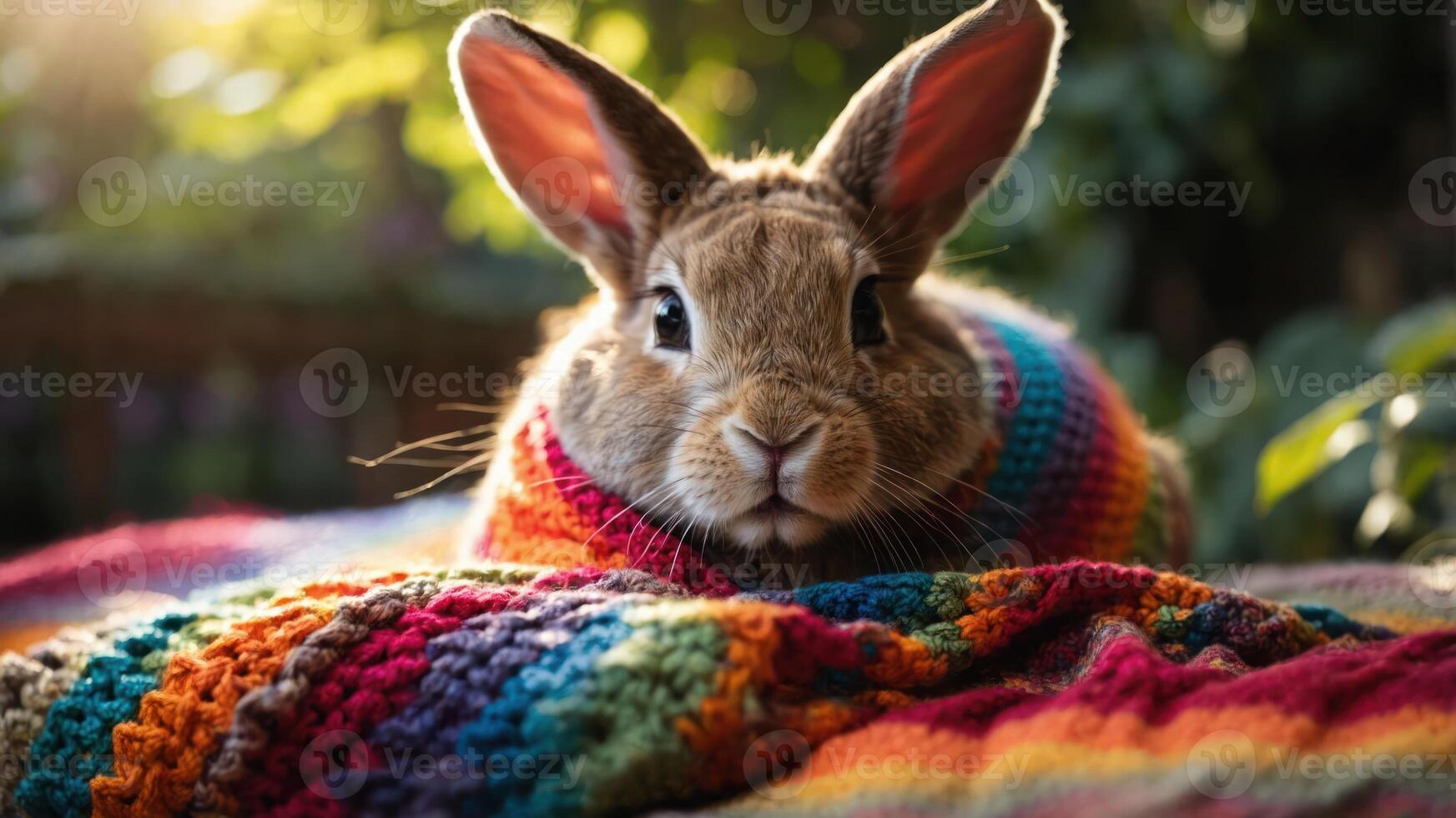 A cute rabbit wrapped in a colorful knitted blanket surrounded by greenery. photo