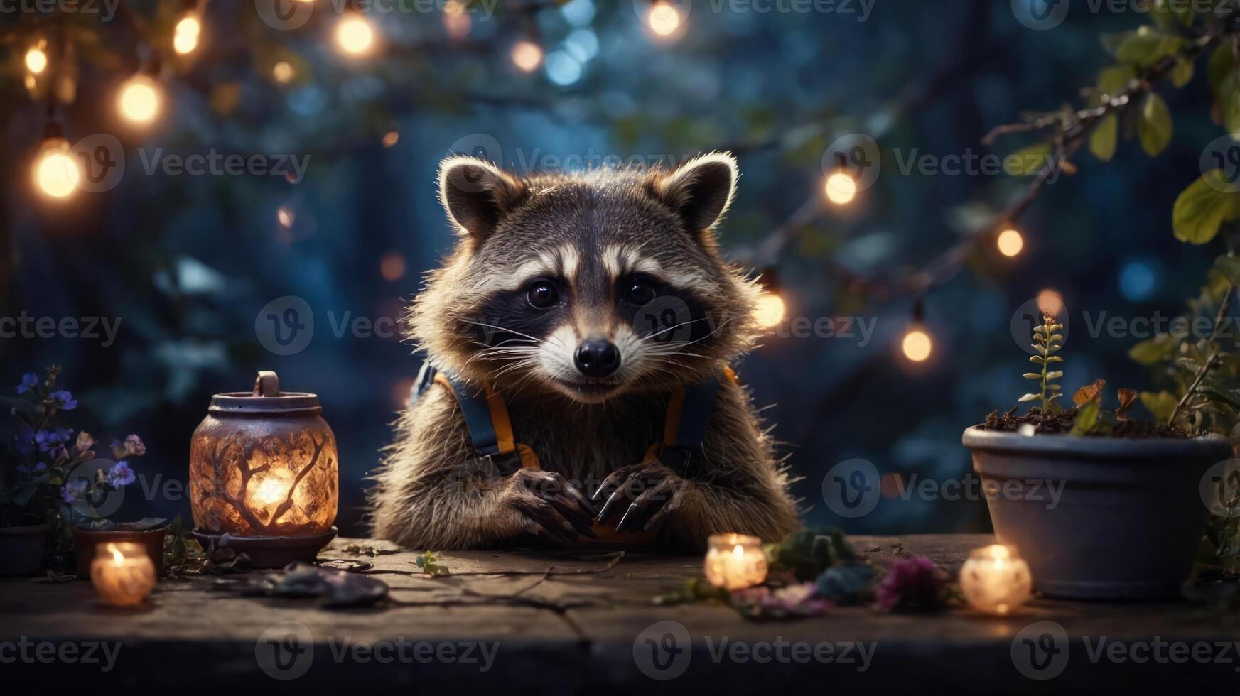 A raccoon sits at a table surrounded by candles and flowers in a serene, illuminated forest. photo