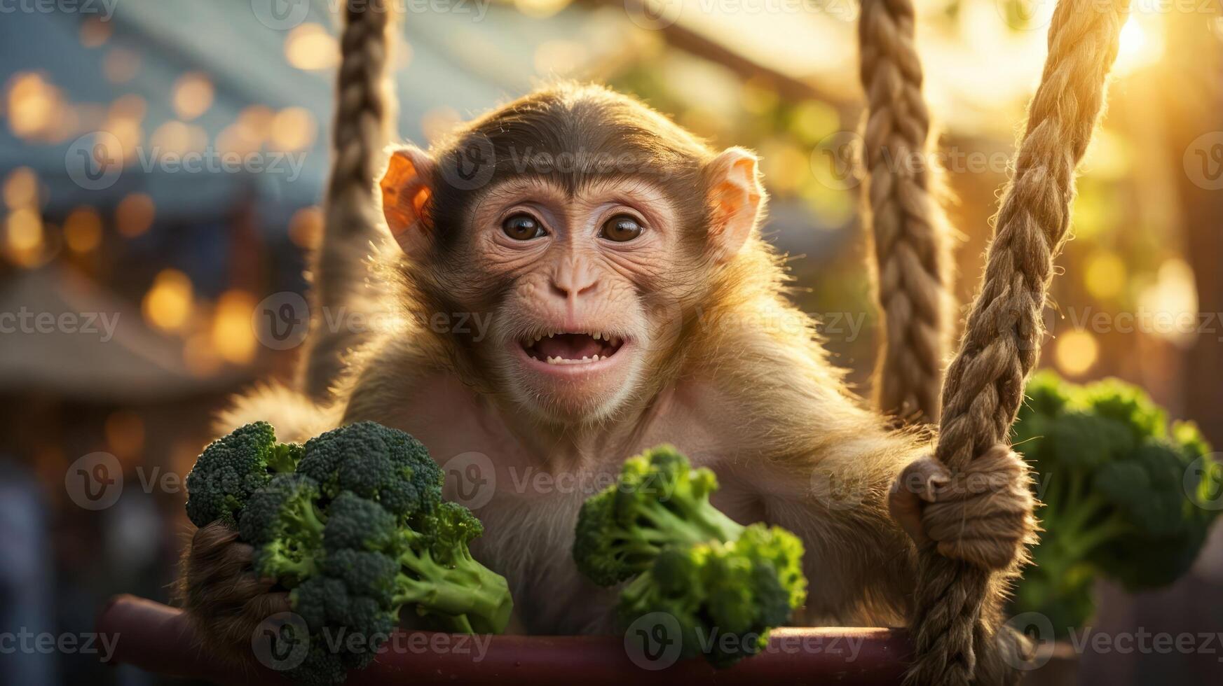 A playful monkey on a swing holding broccoli, highlighting healthy eating. photo