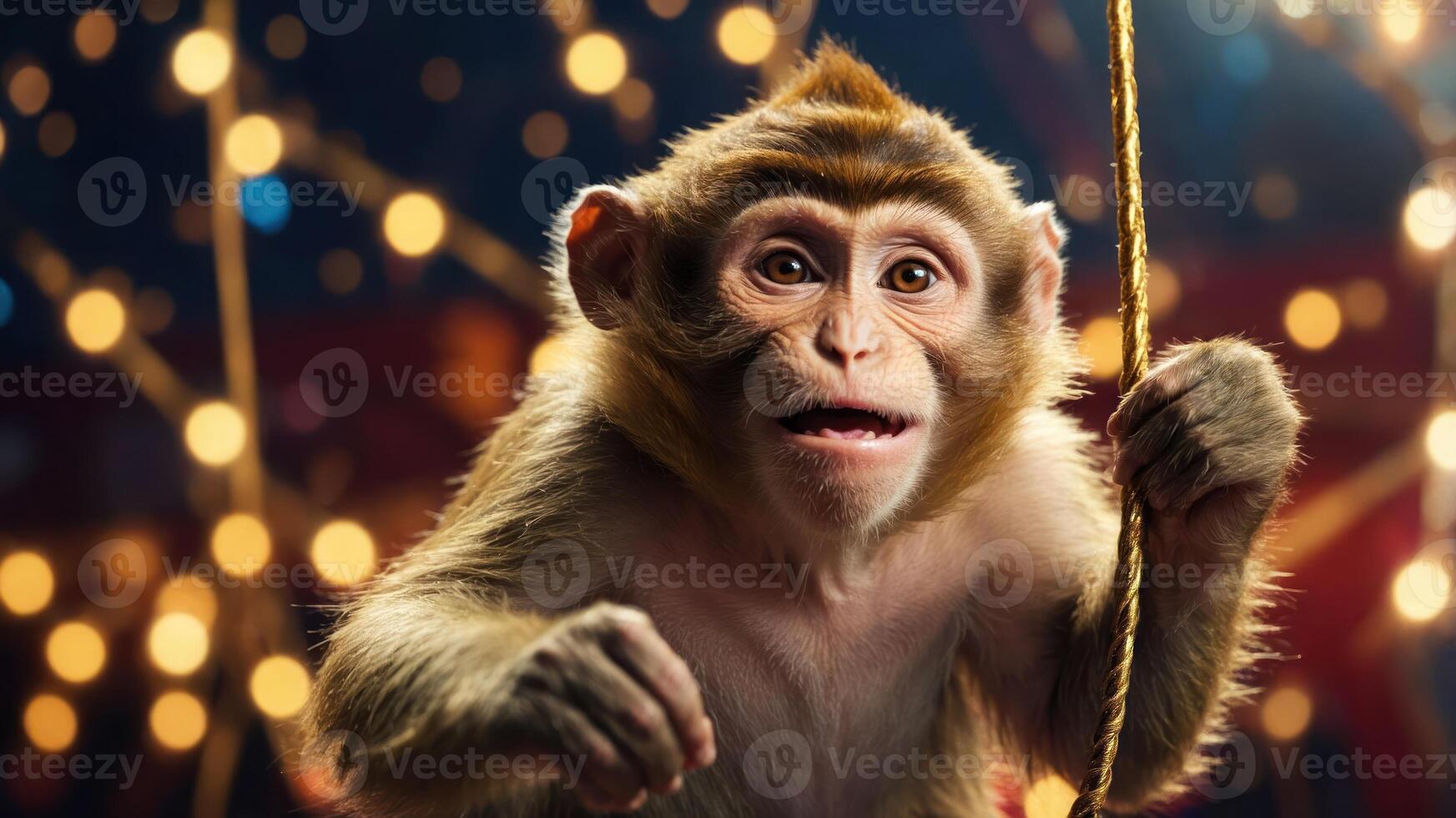 A playful monkey holding onto a rope, surrounded by festive lights in a vibrant setting. photo