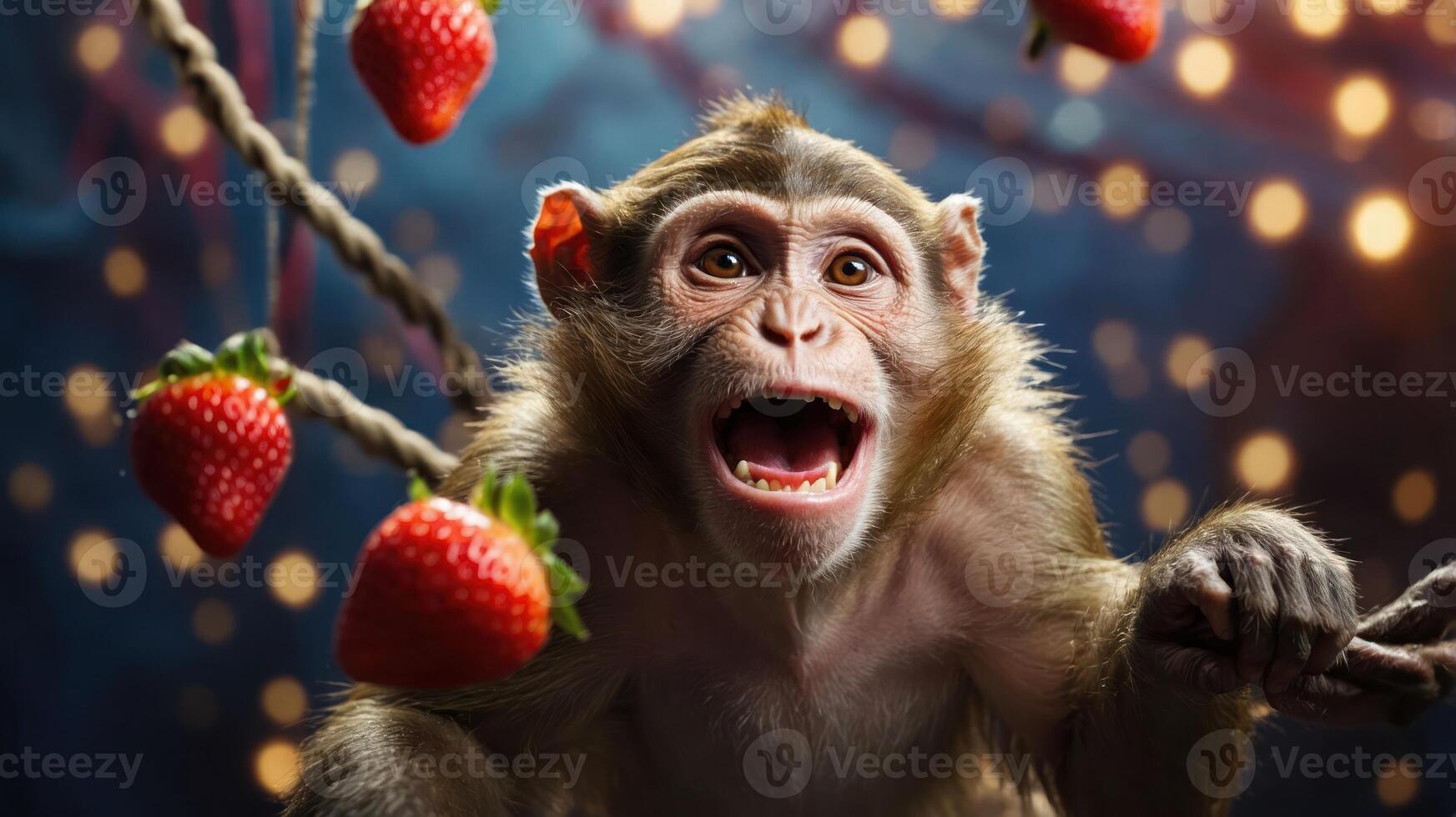 A playful monkey surrounded by strawberries, showcasing a lively and vibrant atmosphere. photo