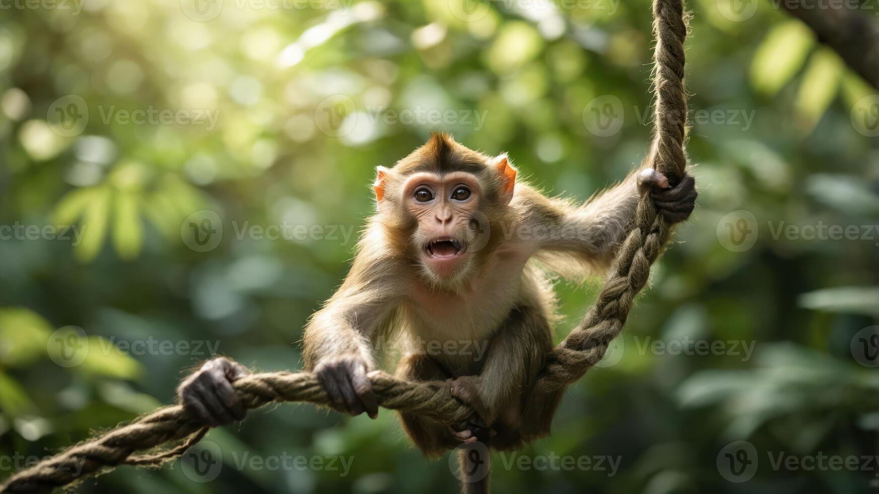 A playful monkey hanging on a rope in a lush green environment. photo