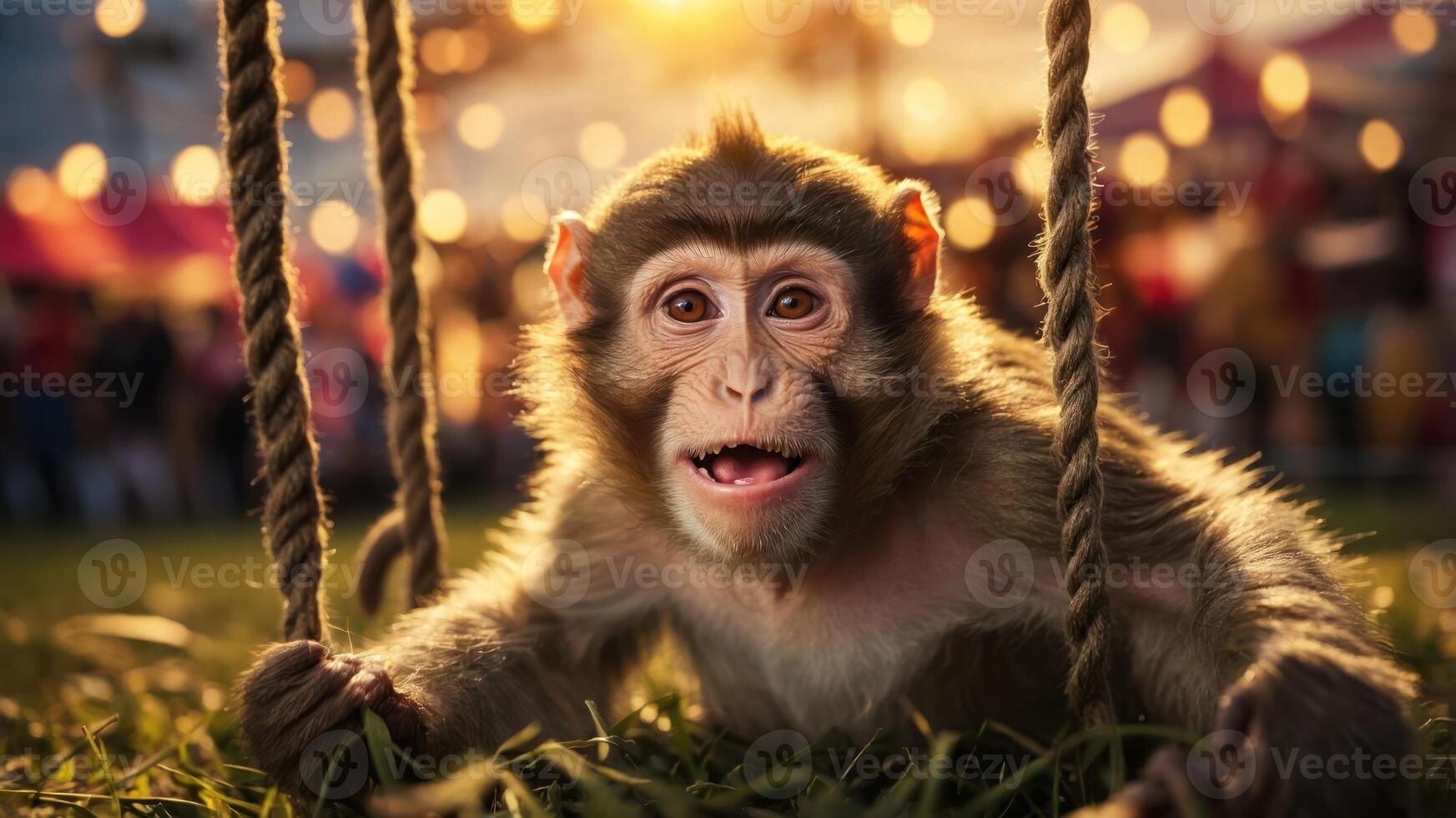 A playful monkey on a swing, surrounded by a festive atmosphere with lights in the background. photo