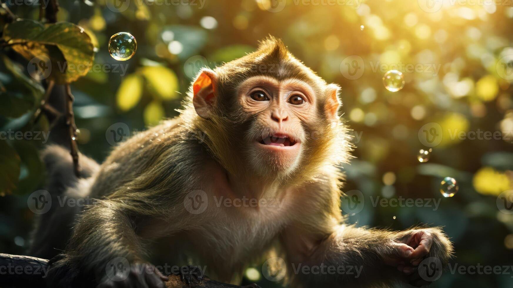 A curious monkey surrounded by bubbles in a sunlit forest setting. photo