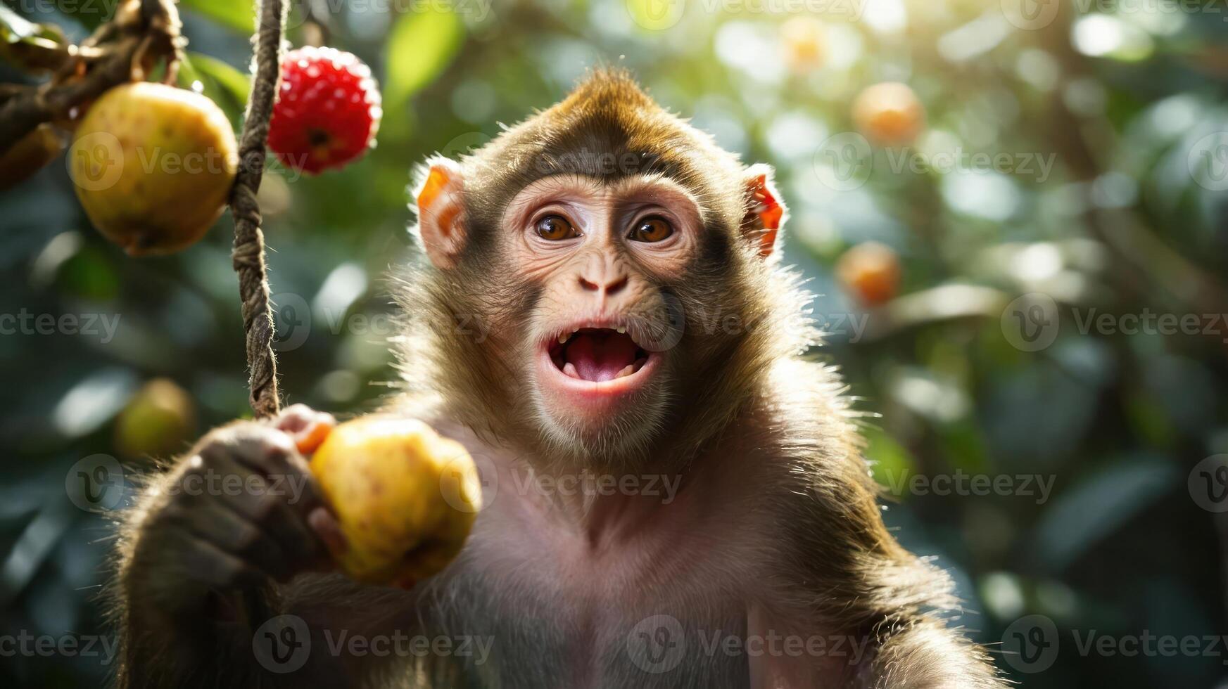 A playful monkey holds fruit, showcasing its expressive face in a vibrant natural setting. photo