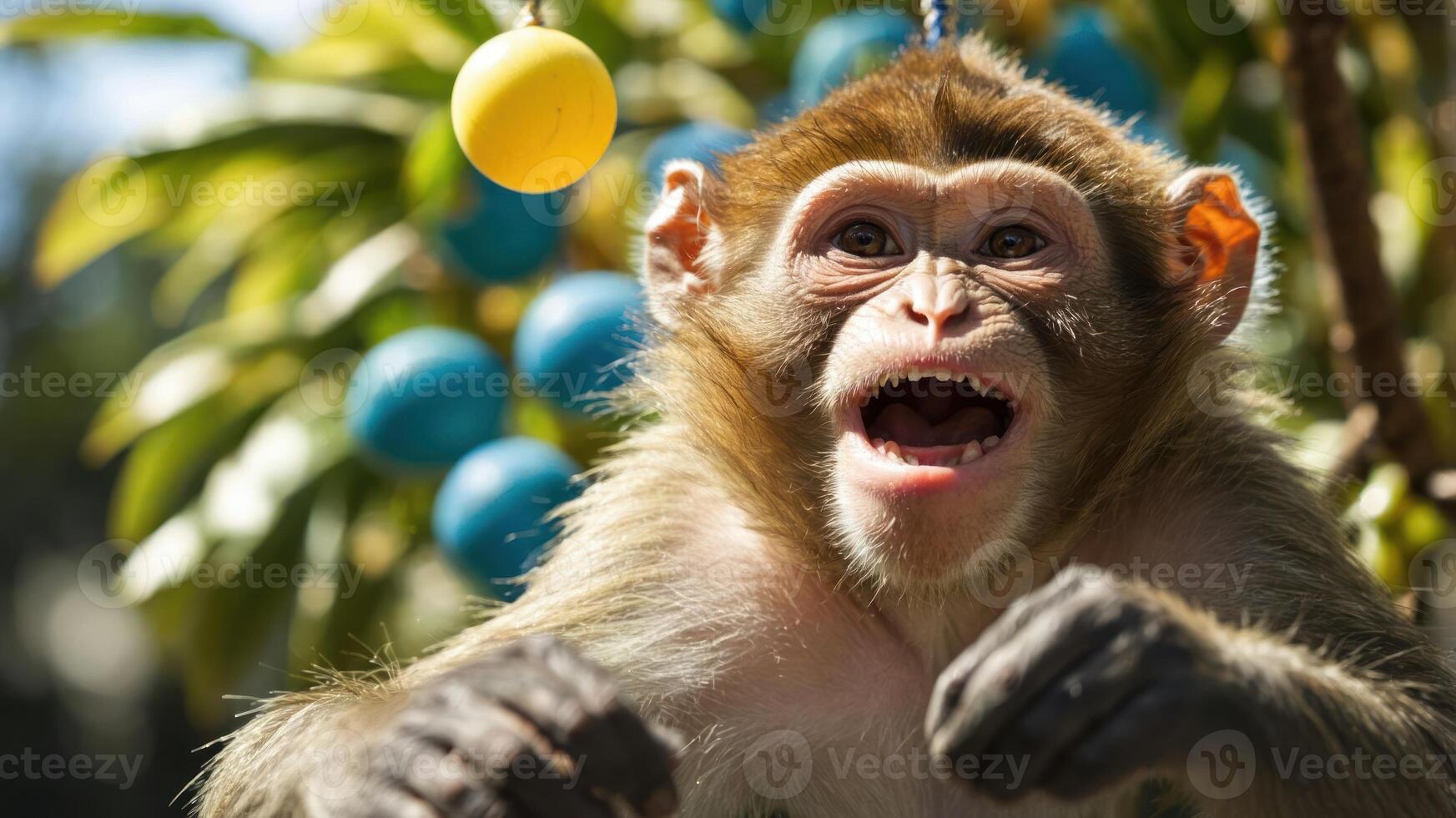 A playful monkey with a joyful expression surrounded by colorful fruits. photo