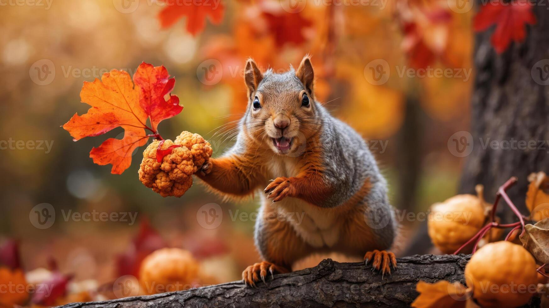A cheerful squirrel holding a colorful leaf amidst autumn scenery. photo
