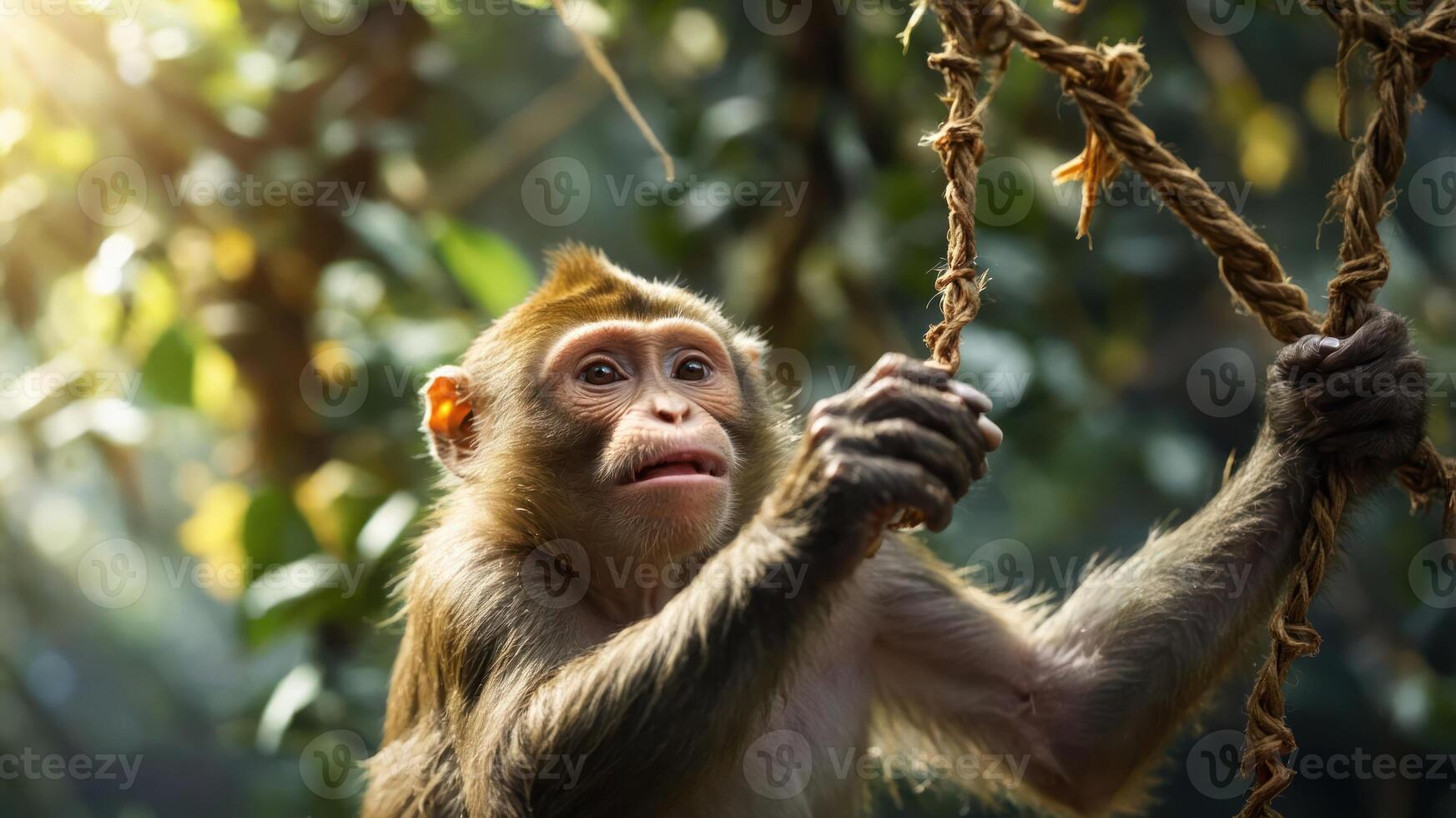 A monkey hanging onto ropes in a lush, green environment, showcasing its expressive face. photo