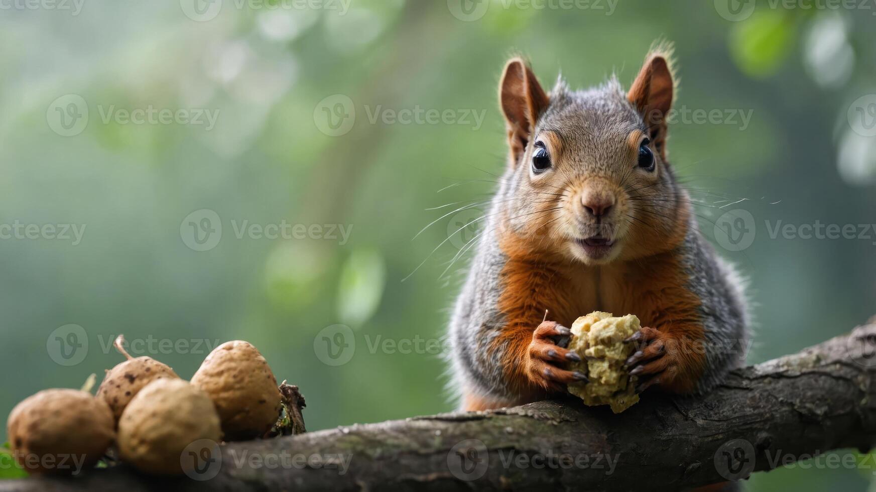 A squirrel sitting on a branch, holding food, surrounded by nuts in a natural setting. photo