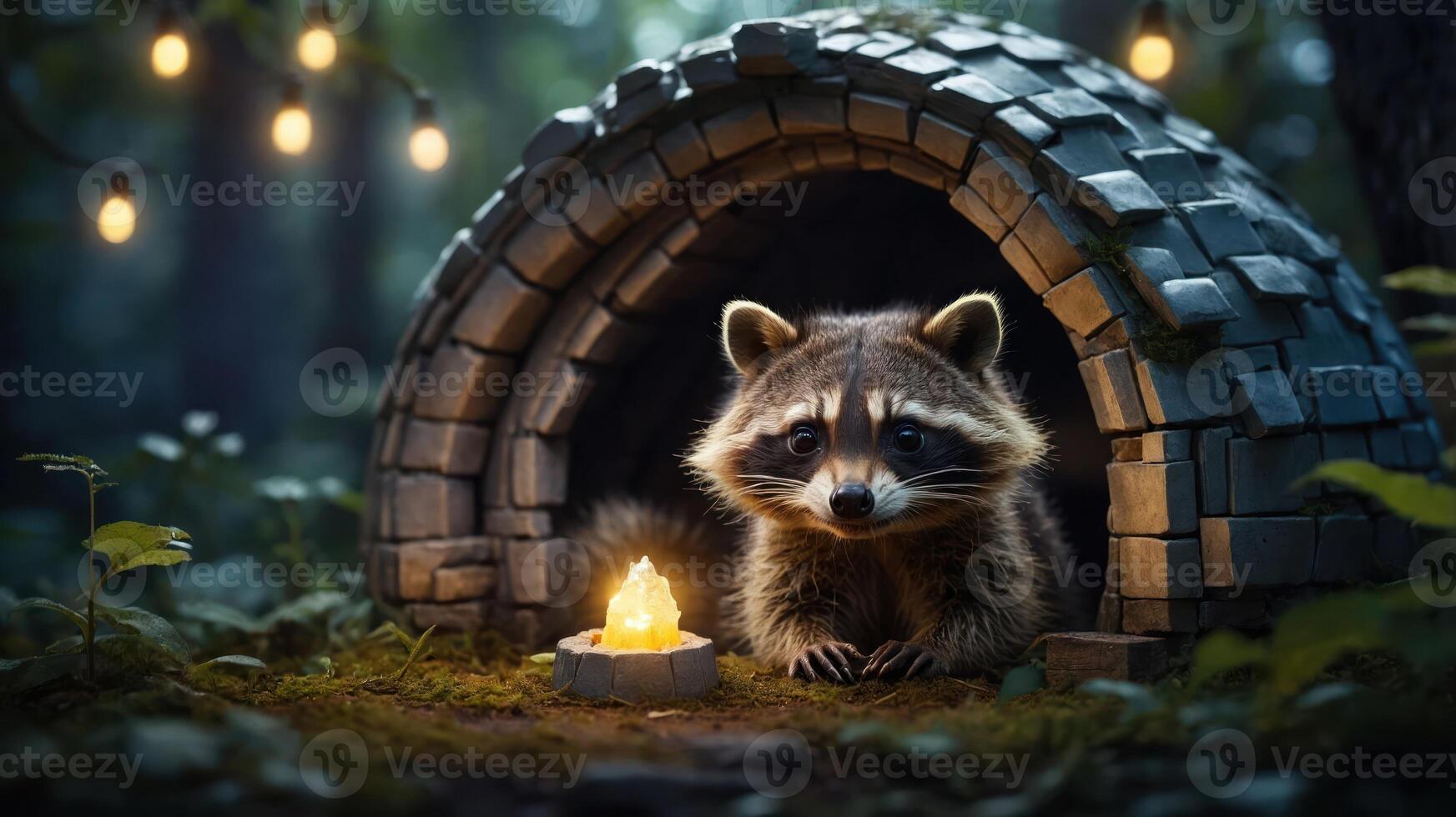 A raccoon peeks from a stone igloo, illuminated by a candle in a serene forest setting. photo