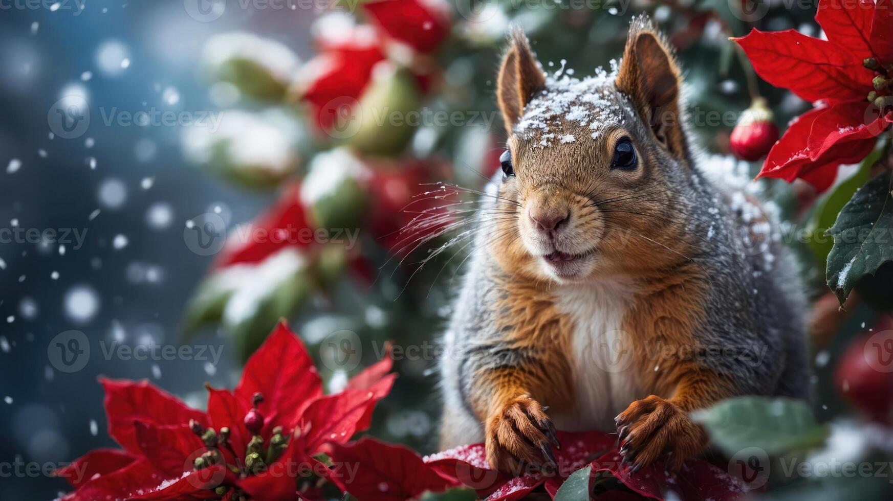 A squirrel surrounded by snow and festive red flowers, creating a wintery scene. photo