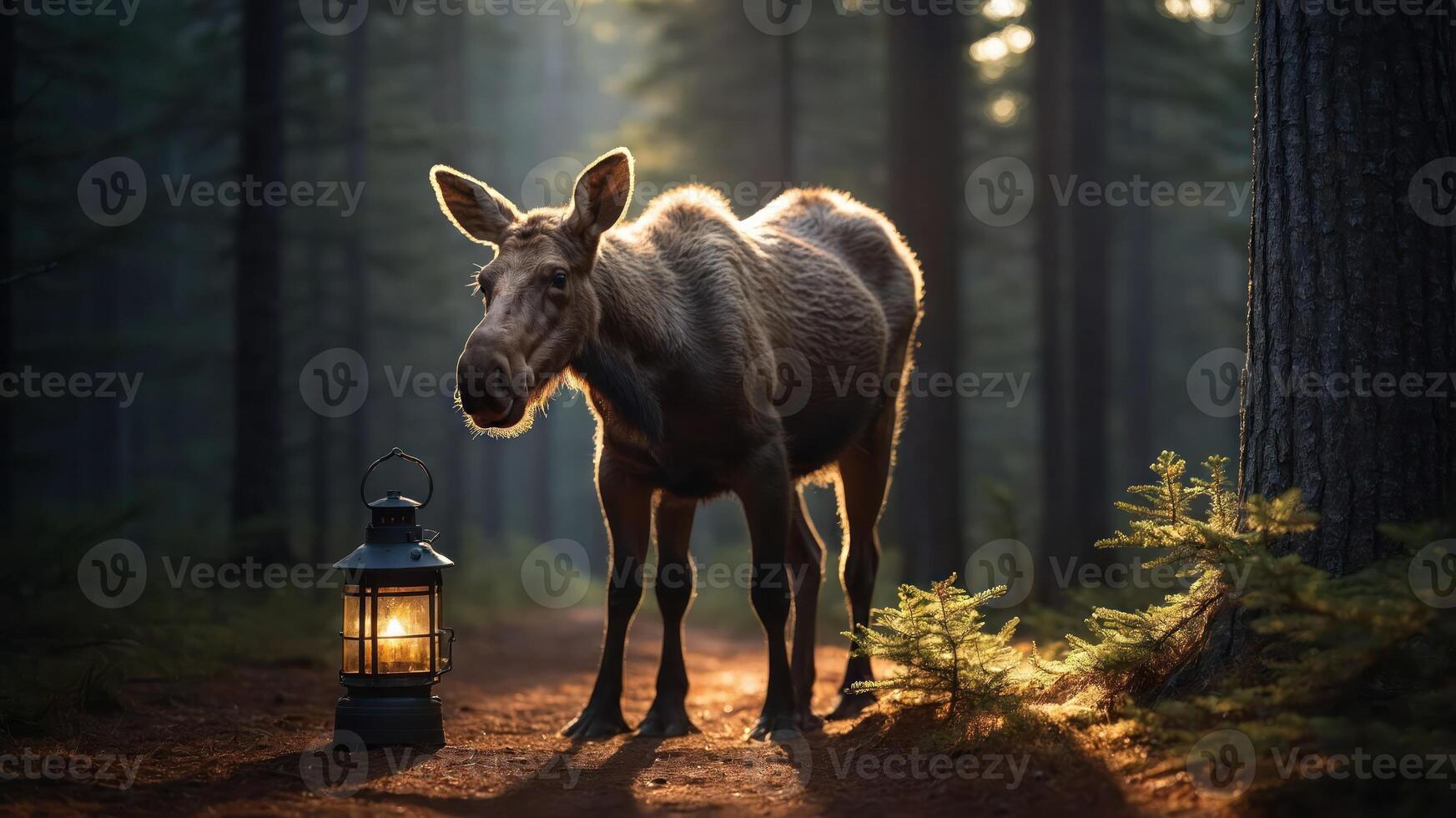 A moose stands in a misty forest beside a glowing lantern, creating a serene atmosphere. photo