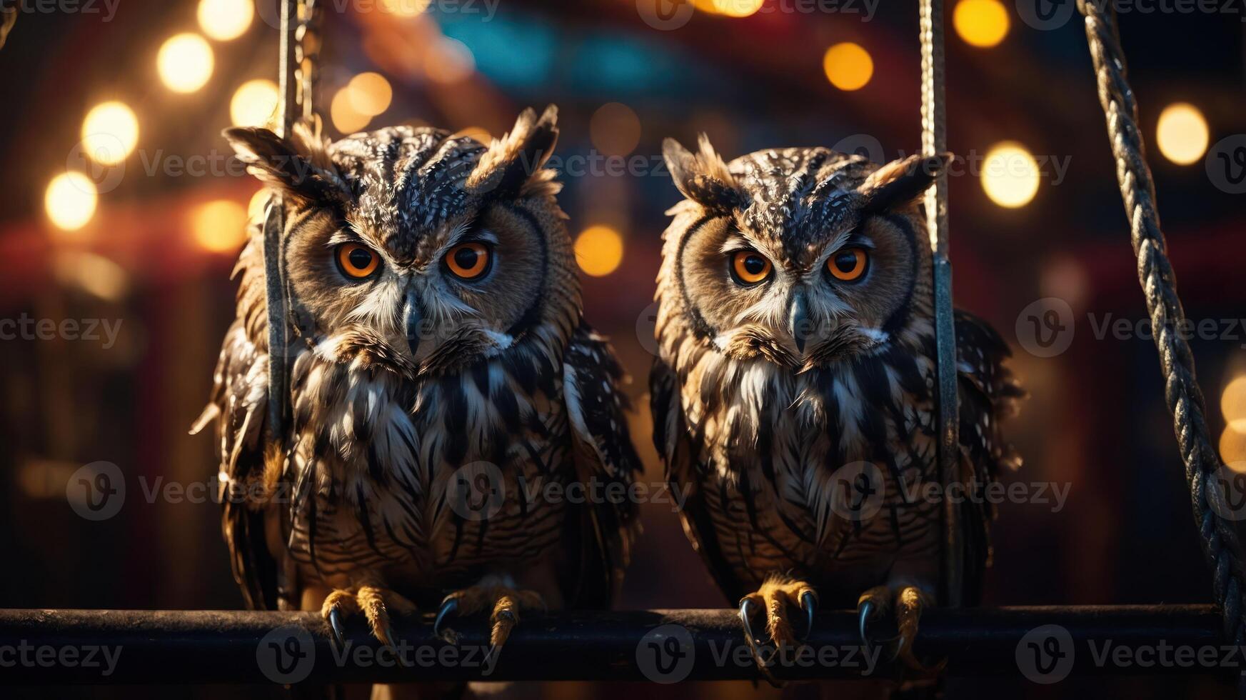 Two owls perched together, illuminated by soft lights in a whimsical setting. photo