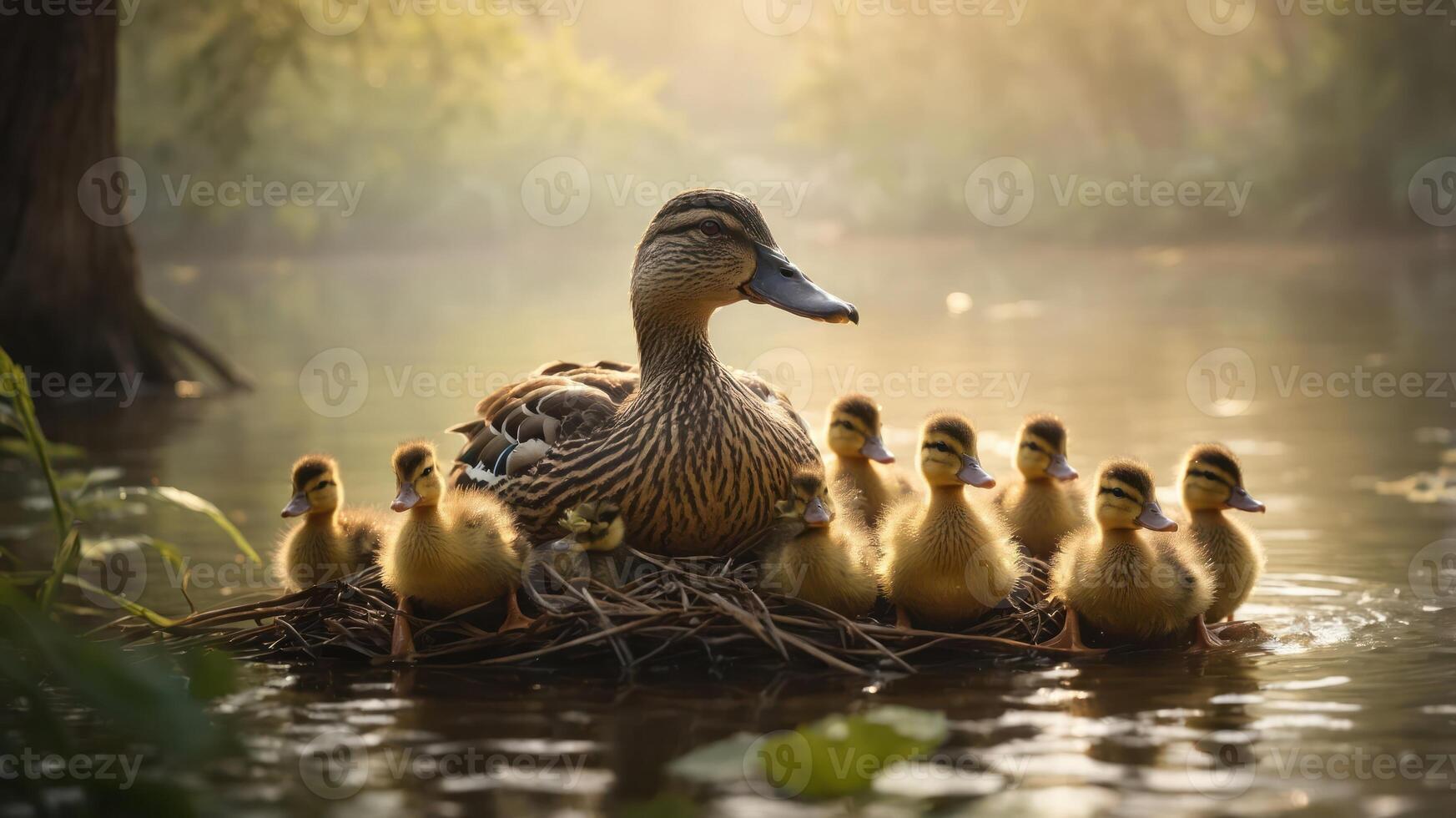 A mother duck with her ducklings resting on a nest by a serene lake at dawn. photo