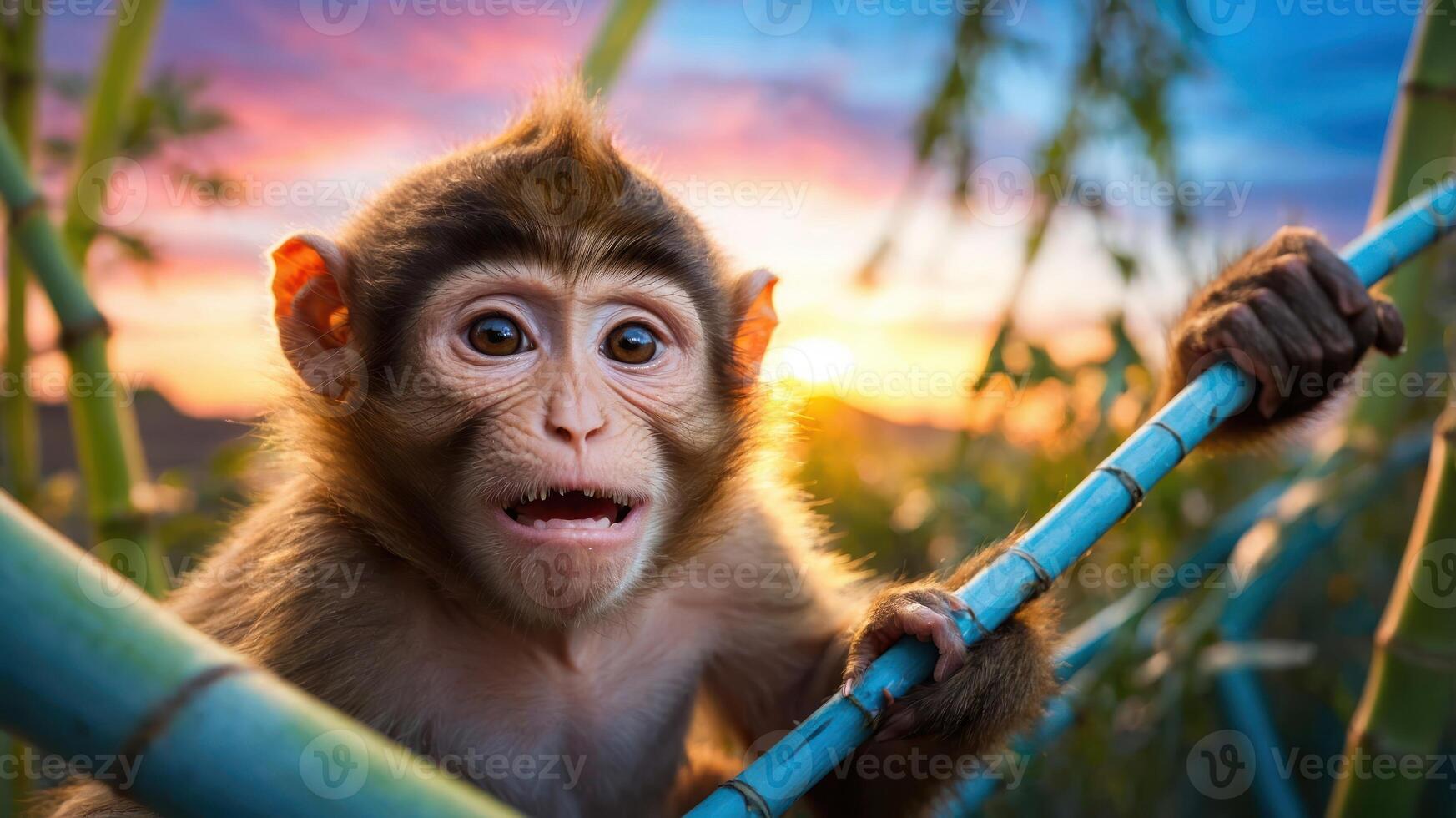 A surprised monkey perched on bamboo against a colorful sunset background. photo
