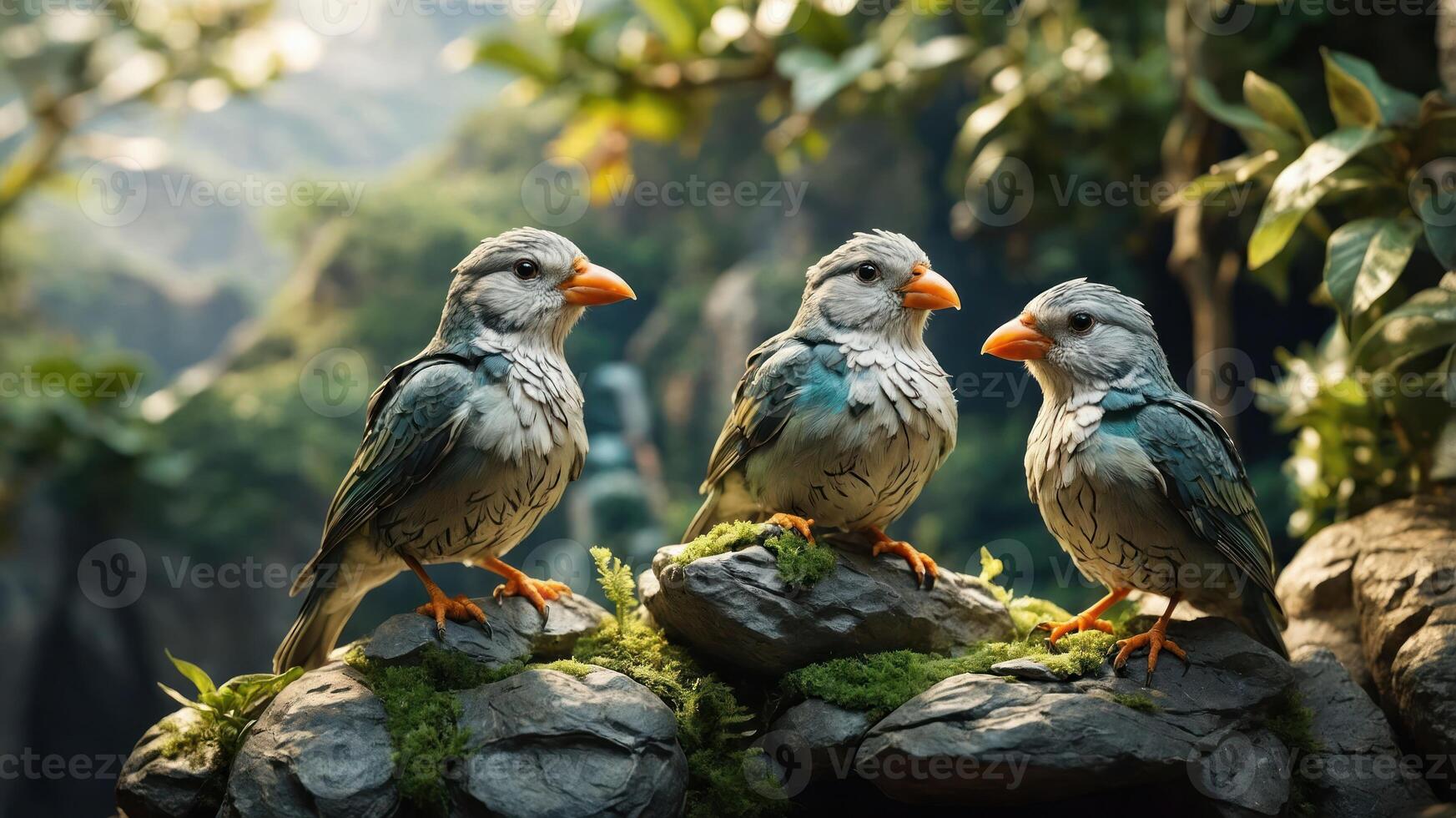 Three colorful birds perched on rocks in a lush, green environment. photo