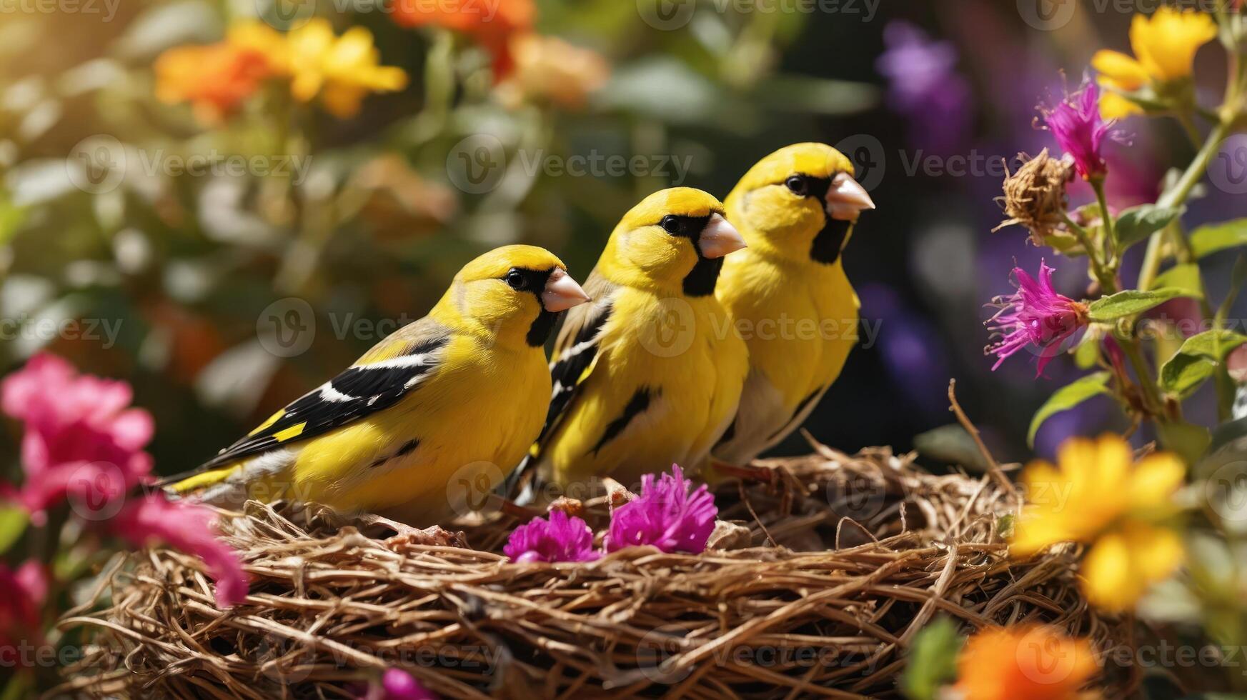 Three vibrant yellow birds perched in a nest among colorful flowers in a garden setting. photo