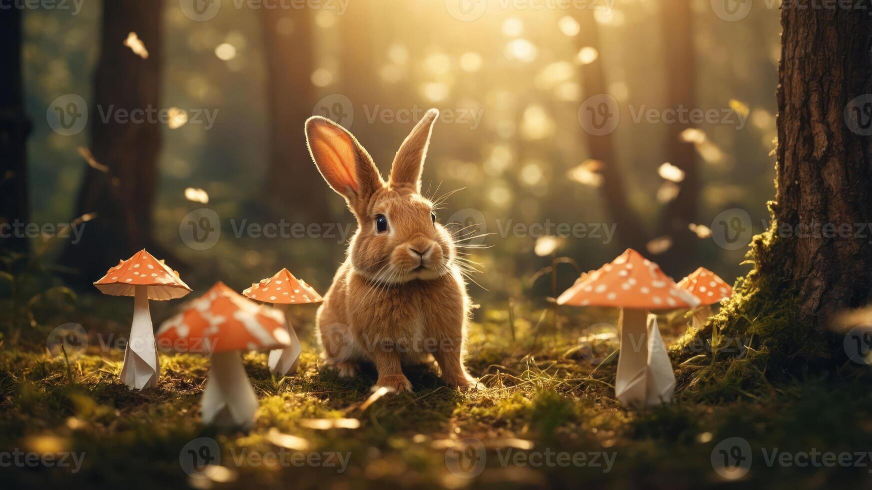 A serene rabbit surrounded by whimsical mushrooms in a sunlit forest. photo