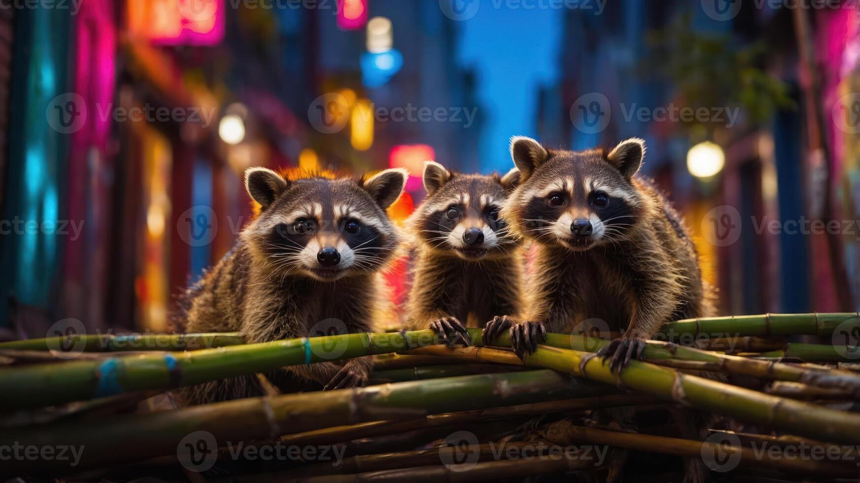 Three raccoons curiously peering over bamboo in a vibrant, illuminated urban setting. photo