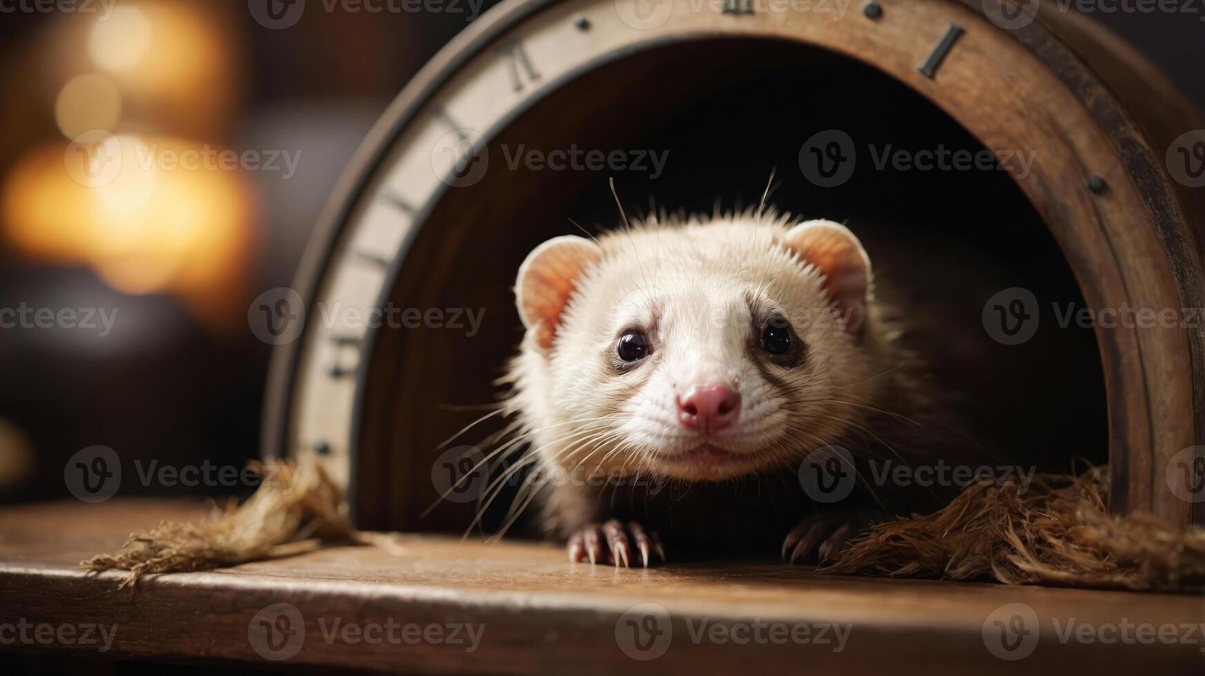 A close-up of a ferret peeking out from a wooden clock, showcasing its curious expression. photo