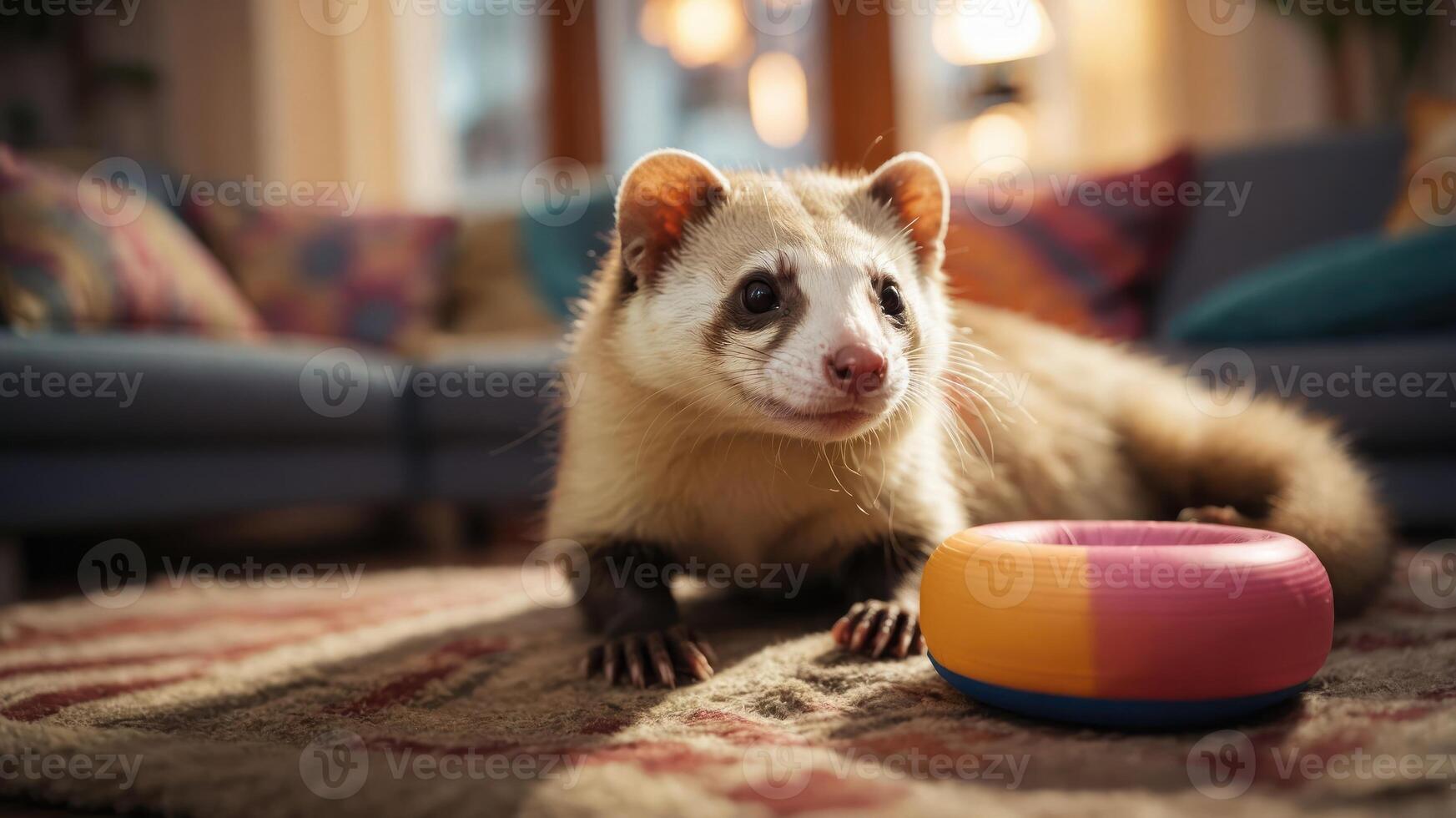 A playful ferret sits beside a colorful toy in a cozy living room setting. photo