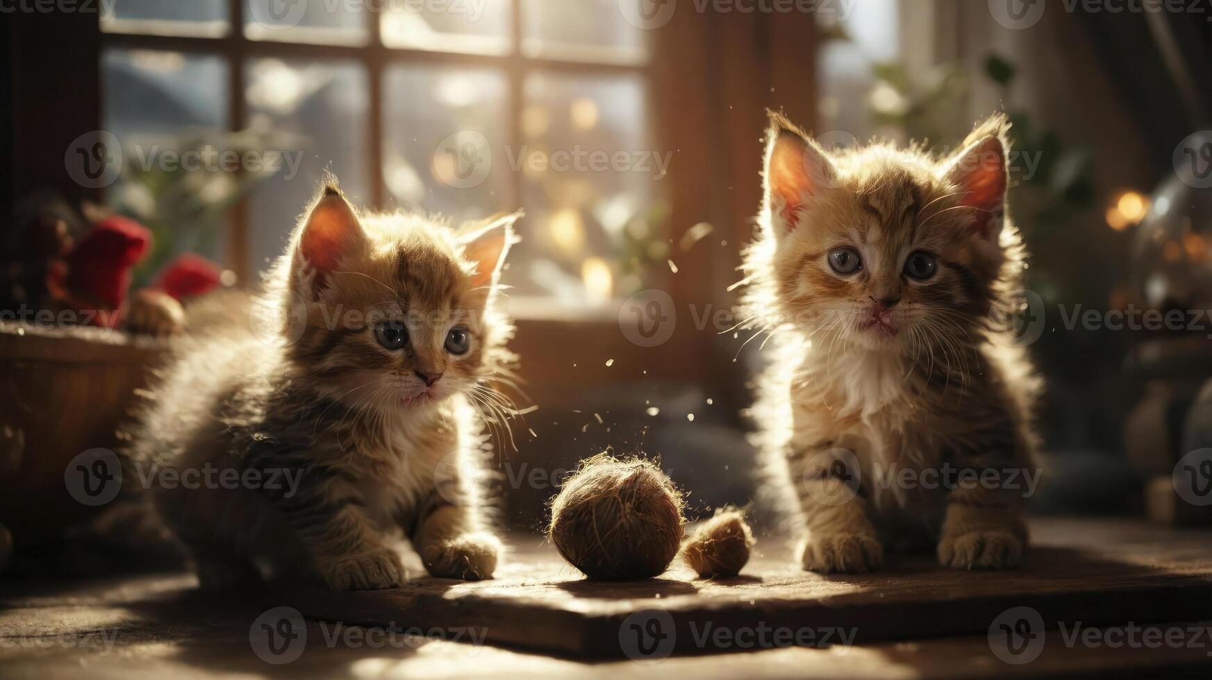 Two playful kittens with a ball of yarn in a cozy, sunlit setting. photo
