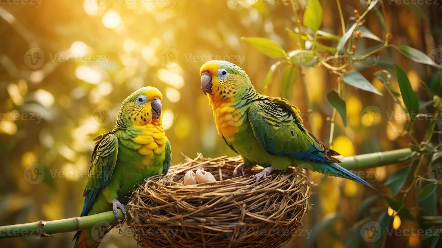 Two colorful parrots are perched beside their nest with eggs in a natural setting. photo