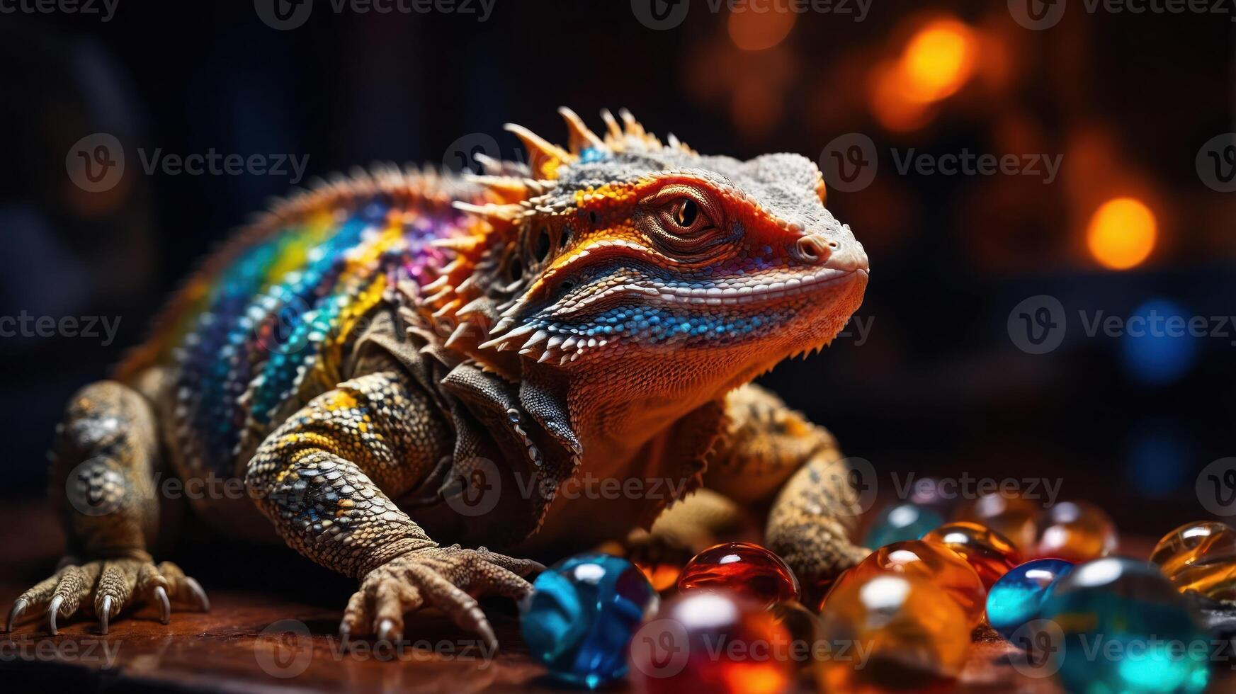 A colorful bearded dragon surrounded by vibrant glass orbs, showcasing its unique textures. photo
