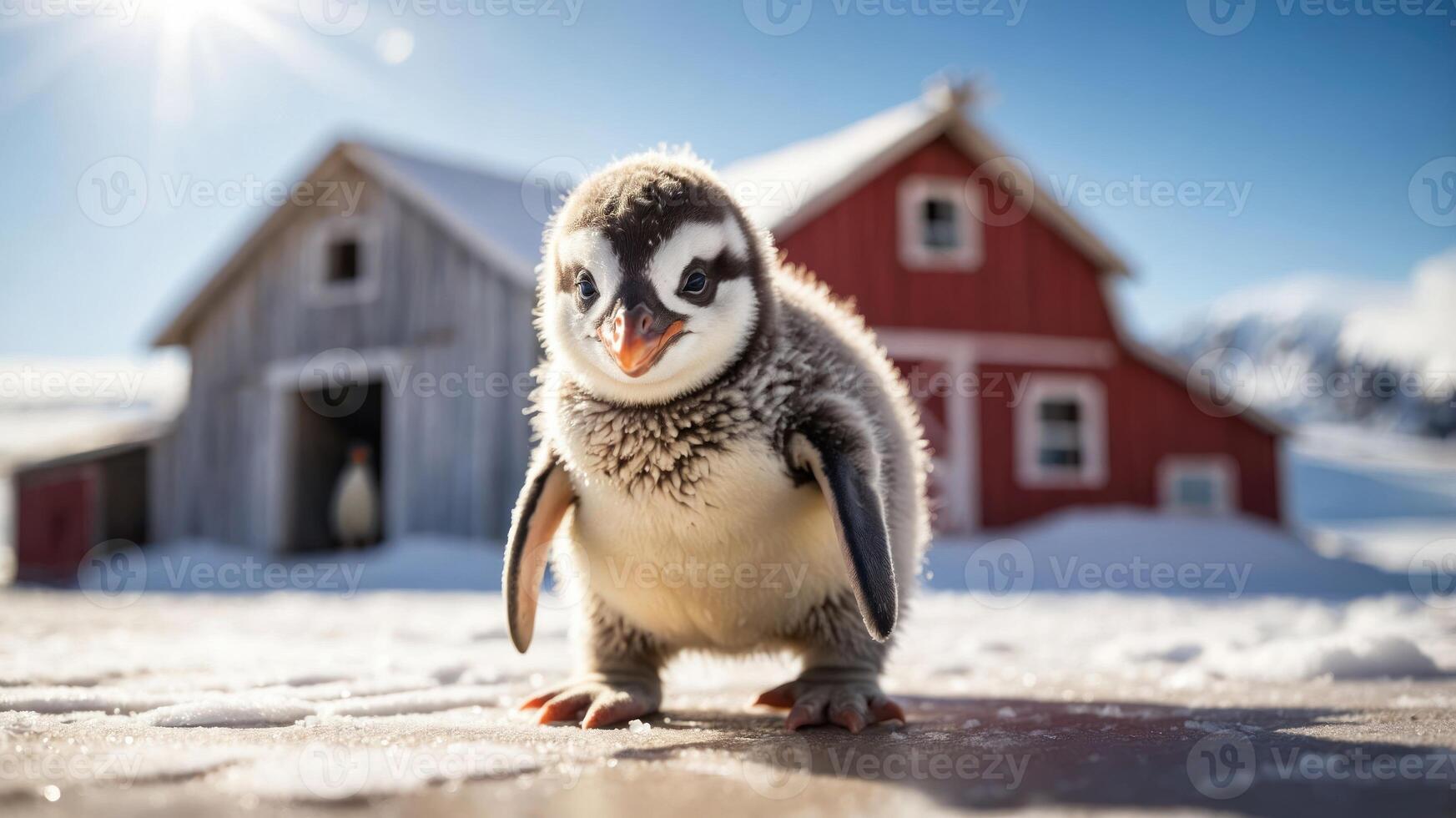 A cute baby penguin stands in snow with colorful barns in the background. photo