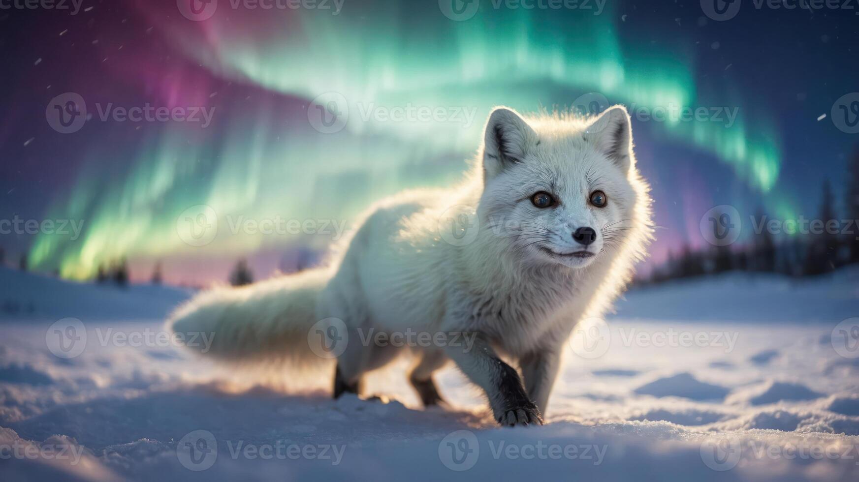 A white fox in a snowy landscape under vibrant auroras. photo