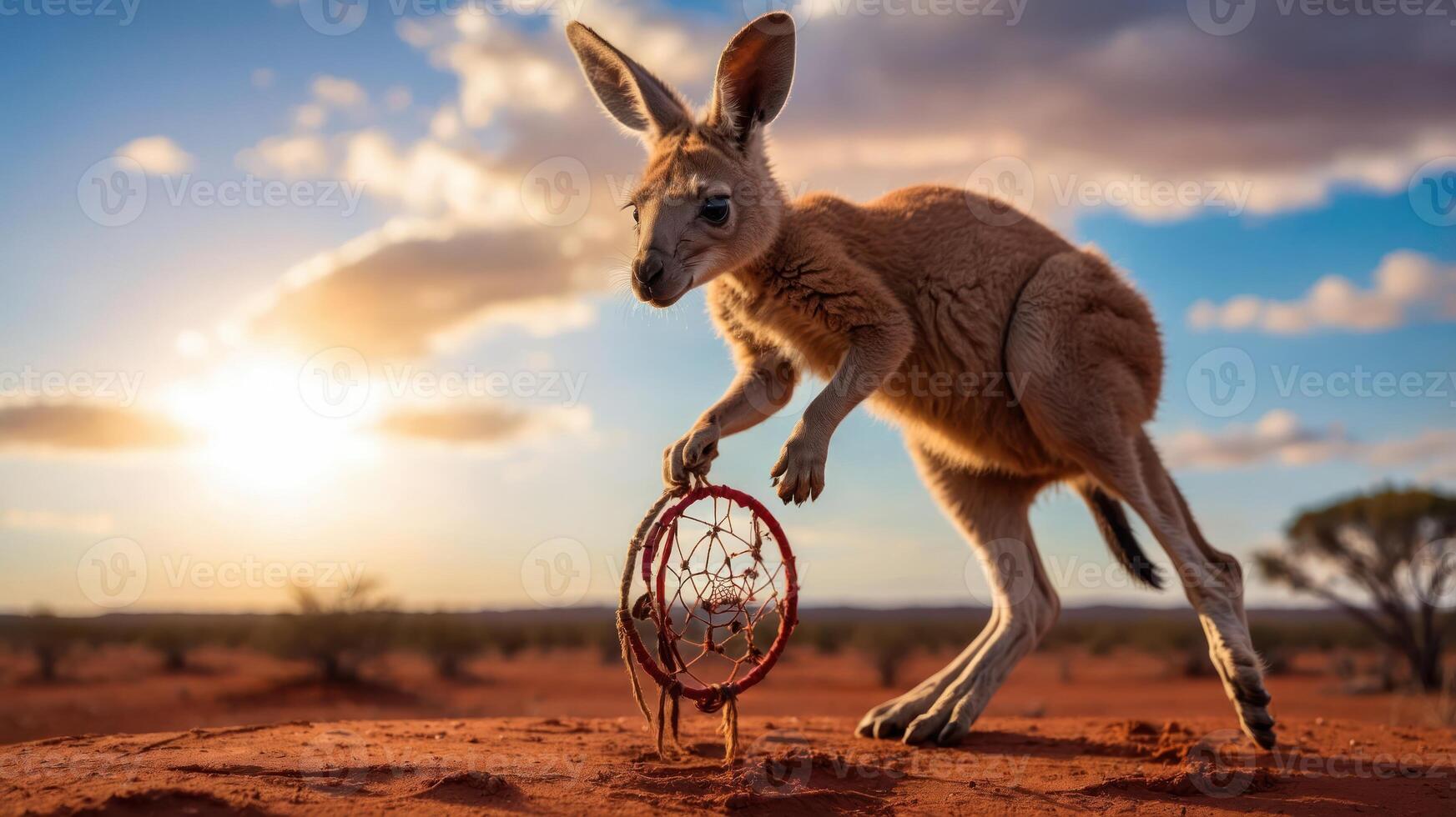 A kangaroo playfully interacts with a dreamcatcher in a desert landscape at sunset. photo