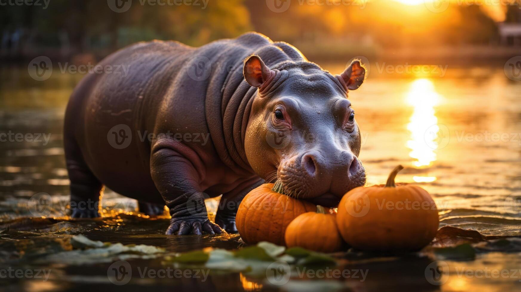 A hippo playfully interacts with pumpkins in a serene water setting during sunset. photo