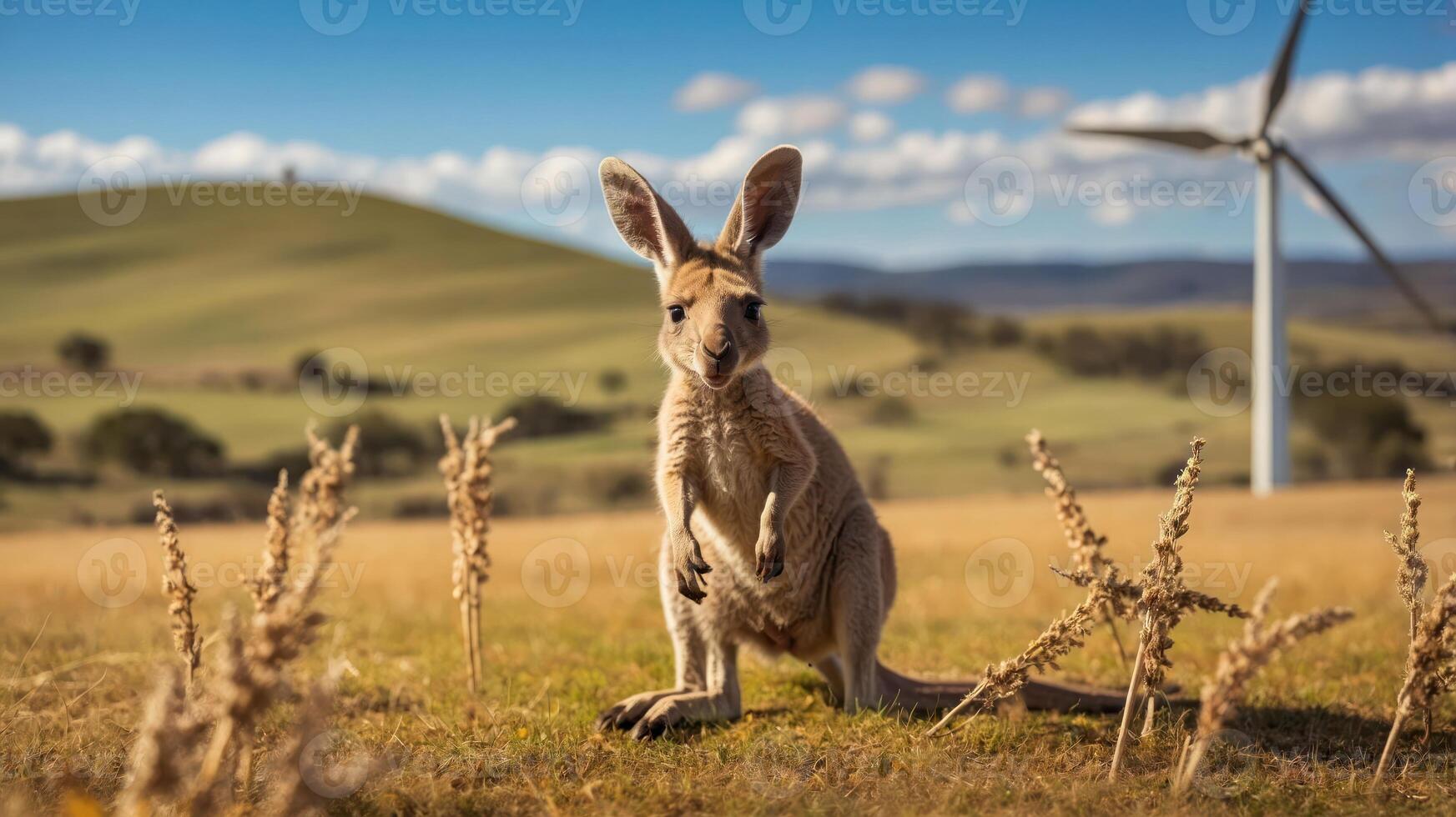 A kangaroo stands in a grassy field with wind turbines in the background. photo