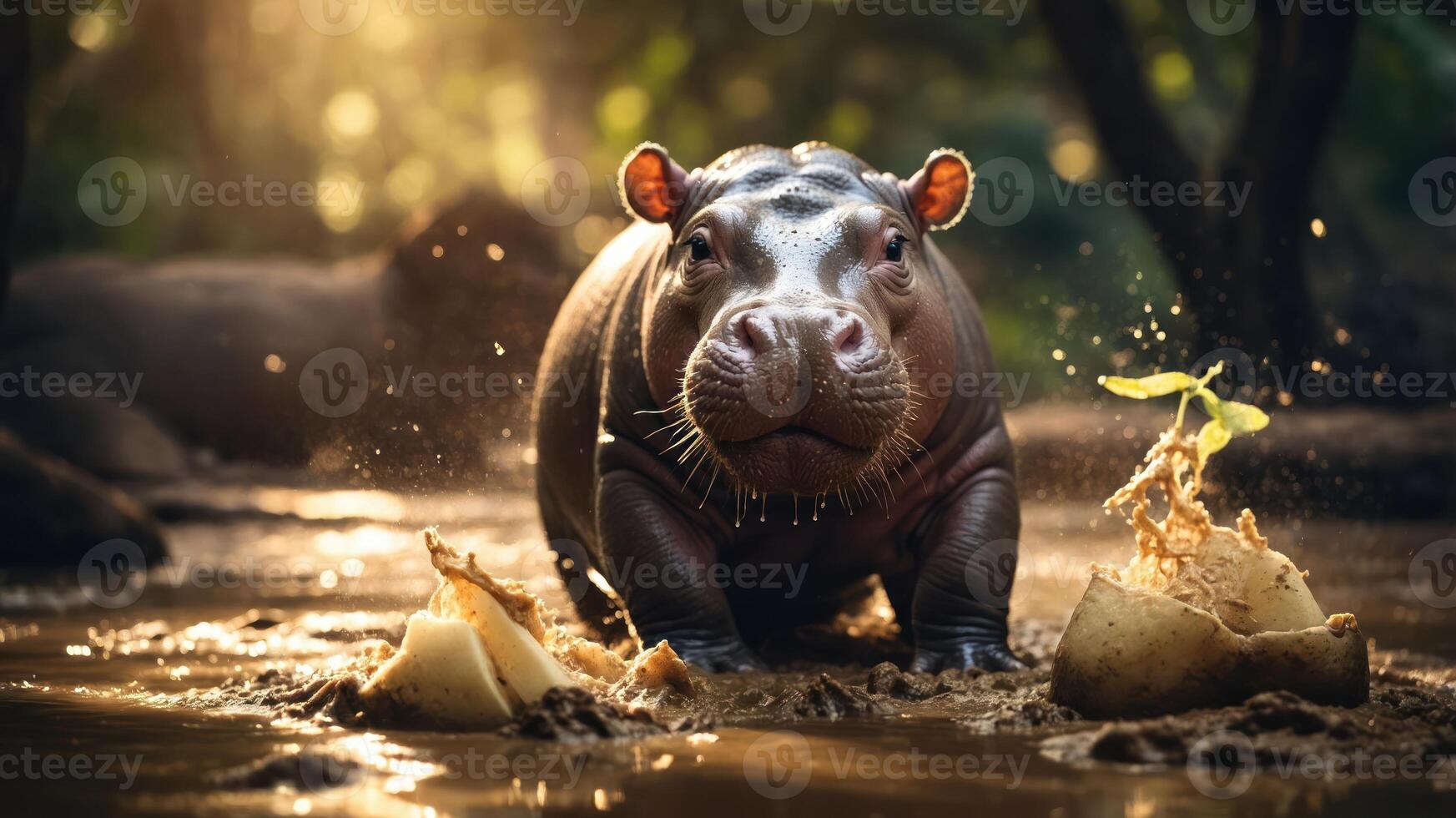 A young hippopotamus splashes in a muddy river, surrounded by nature's beauty. photo