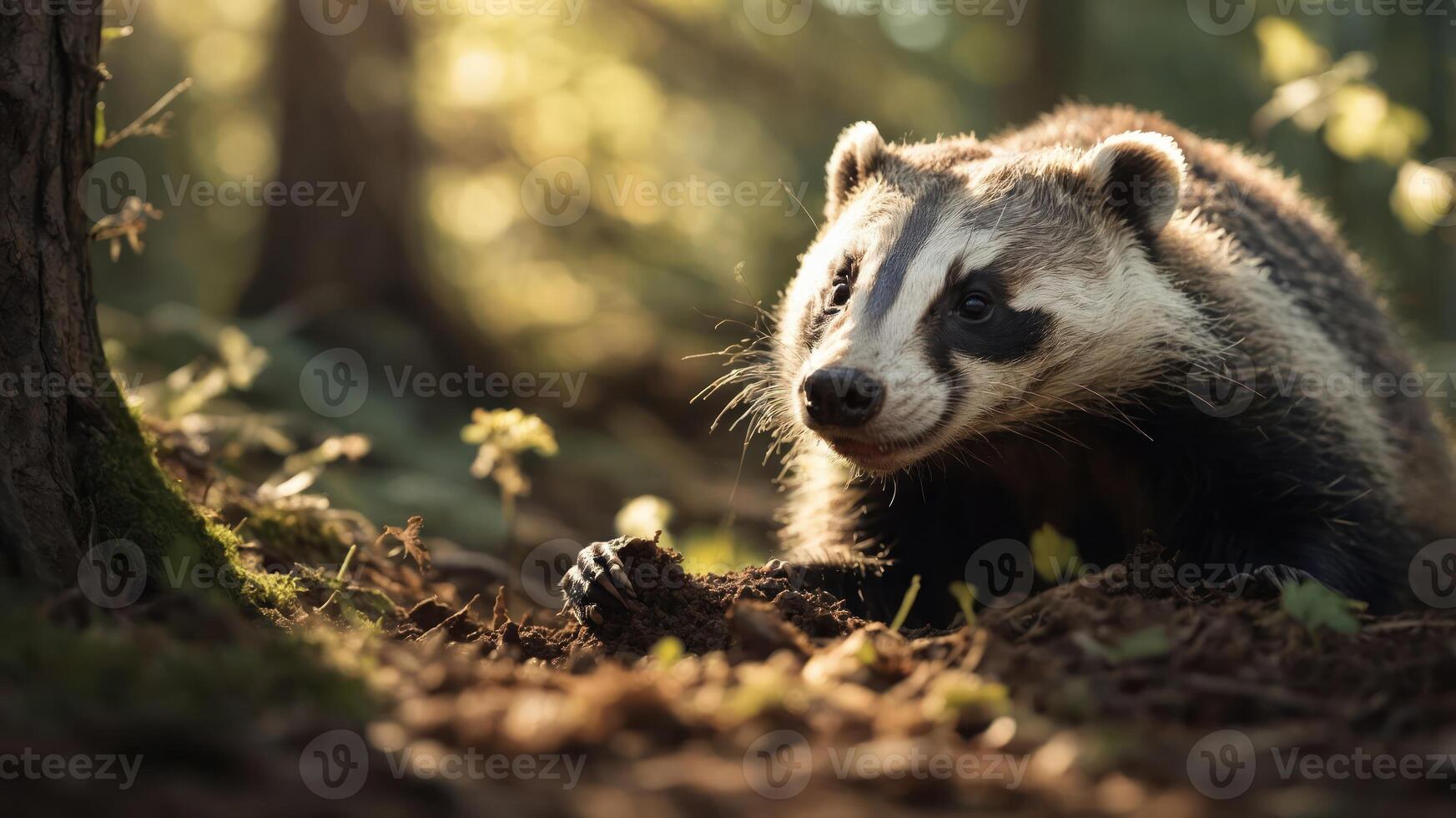 A close-up of a badger in a forest, showcasing its natural habitat and behavior. photo
