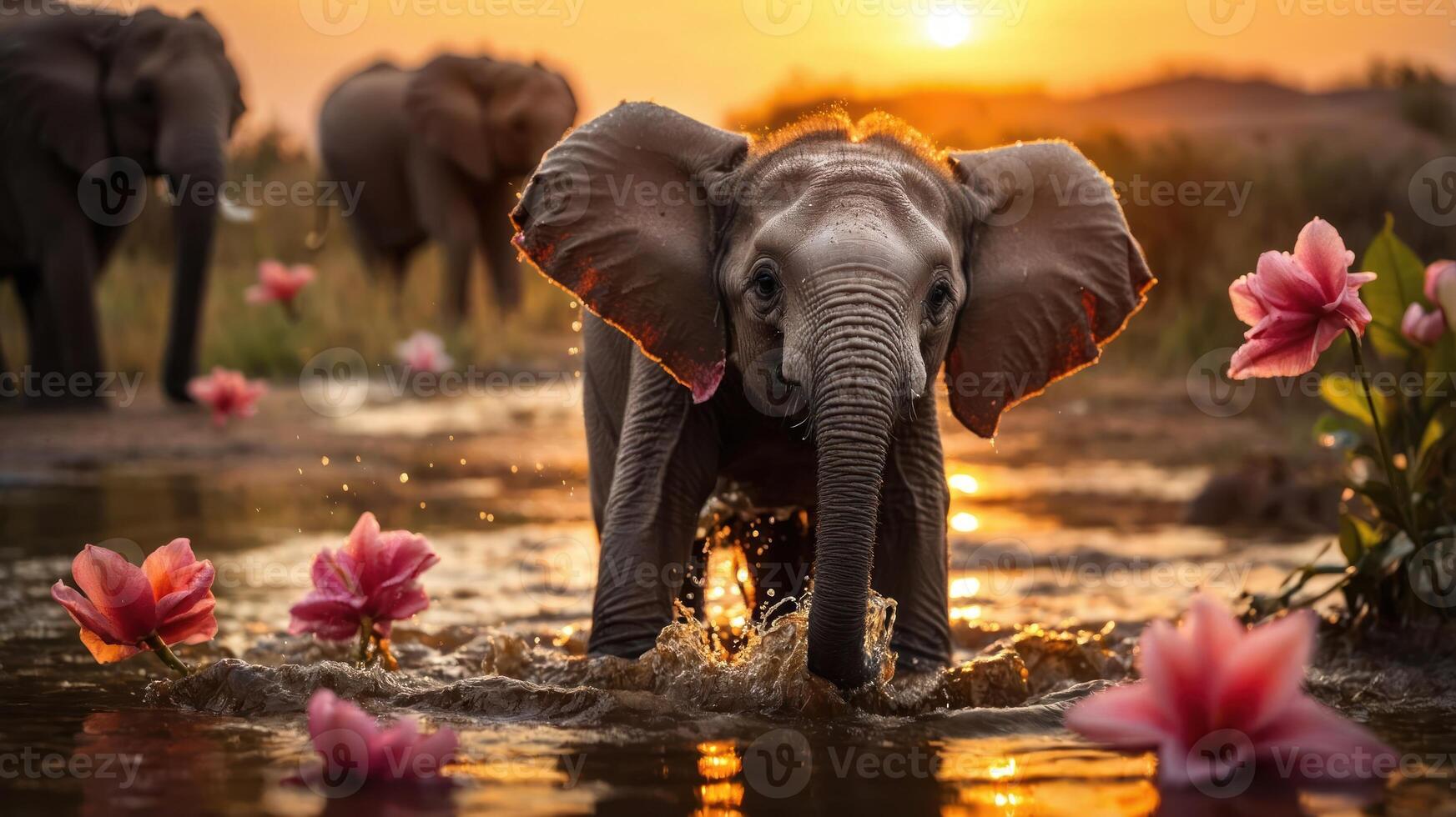 A baby elephant splashes in water surrounded by flowers during sunset. photo