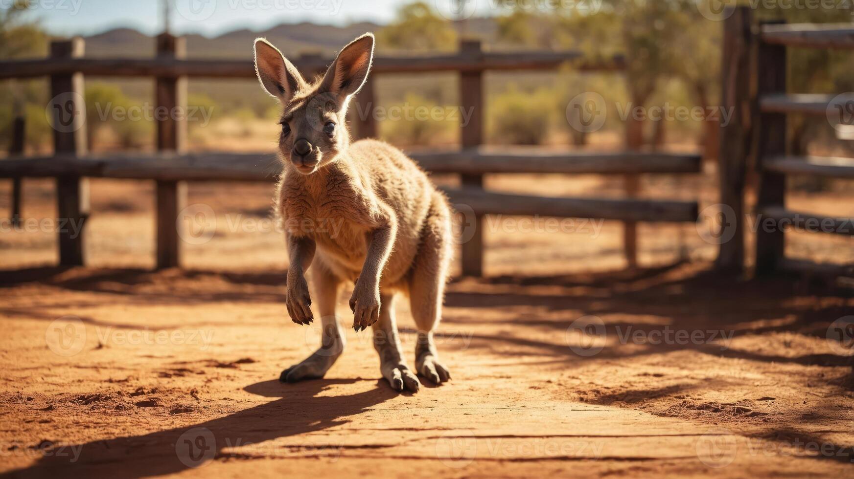 A kangaroo stands on a dirt path in a rustic outdoor setting with wooden fences. photo