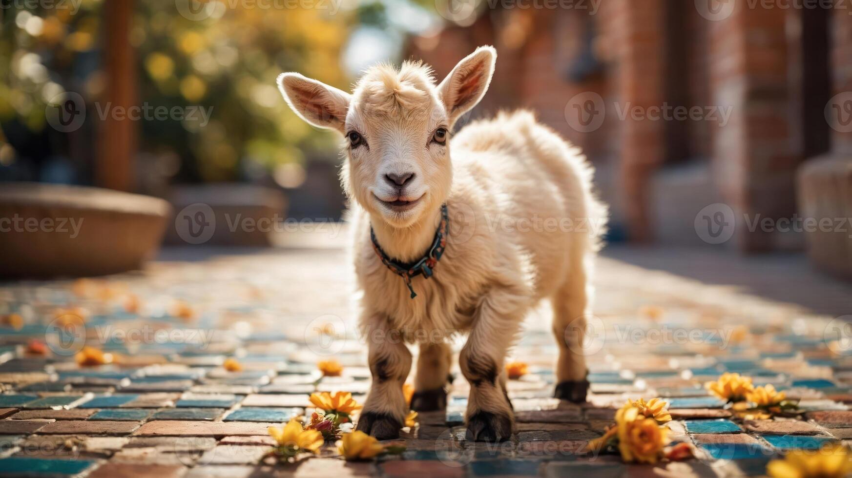 A playful goat stands on a colorful pathway adorned with flowers. photo