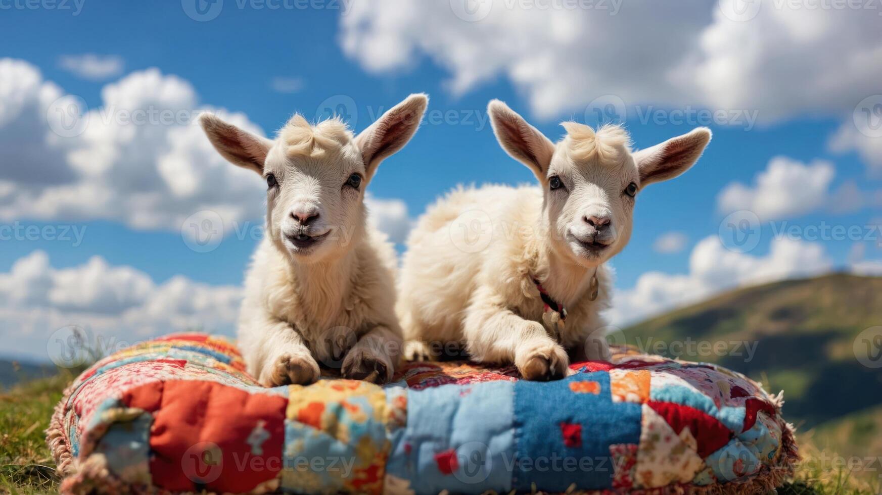 Two adorable baby goats resting on a colorful quilt under a blue sky with fluffy clouds. photo