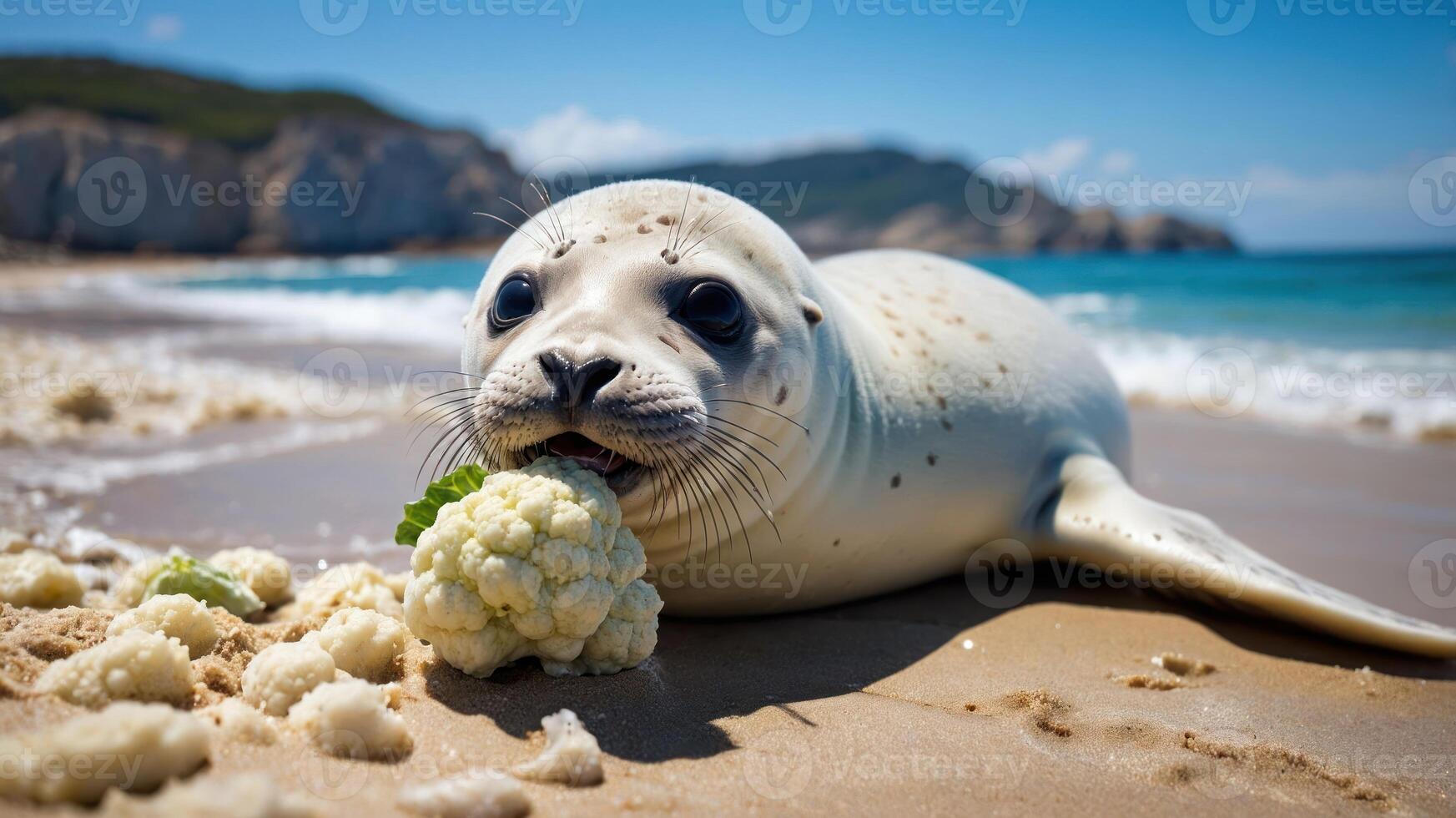 A seal on a beach playfully chewing on a piece of cauliflower. photo