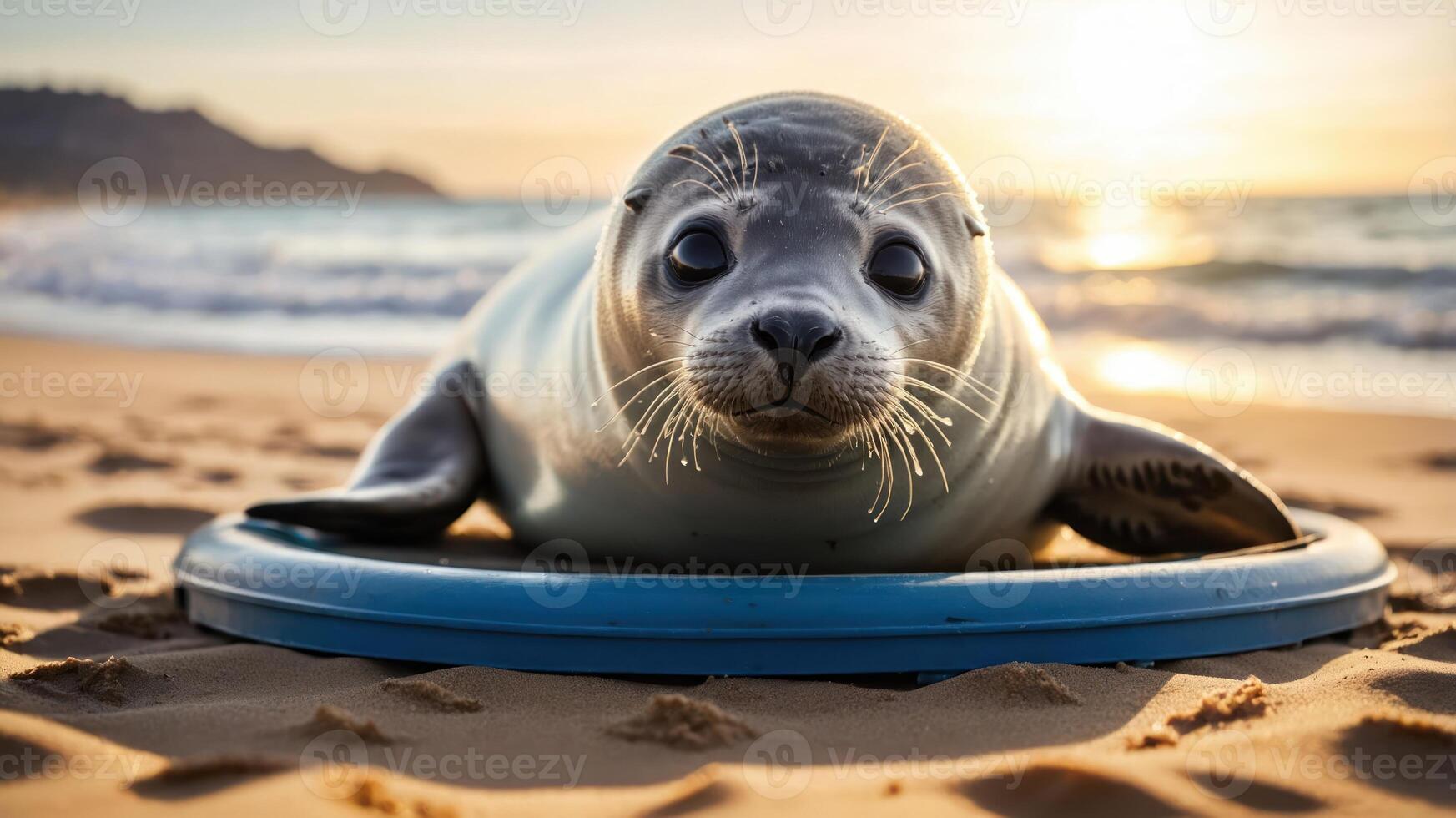 A seal resting on a circular float on a beach during sunset. photo