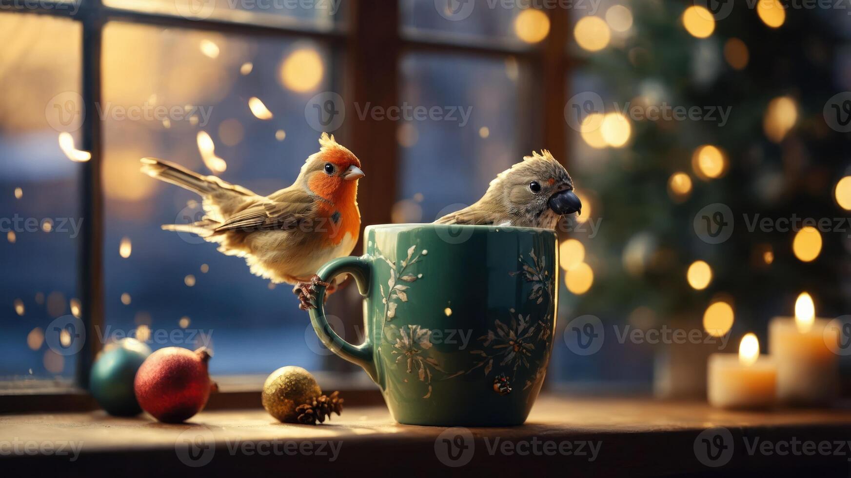Two birds perched on a festive mug by a window, creating a cozy, holiday atmosphere. photo