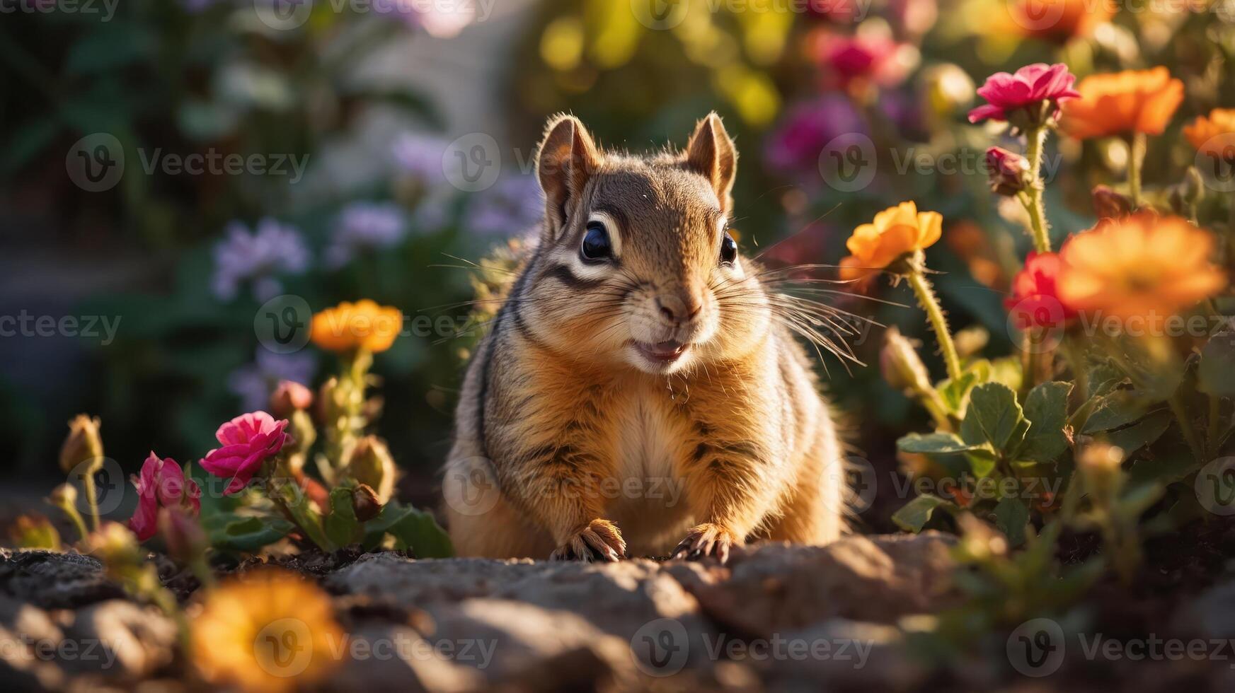 A chipmunk among colorful flowers in a vibrant garden setting. photo