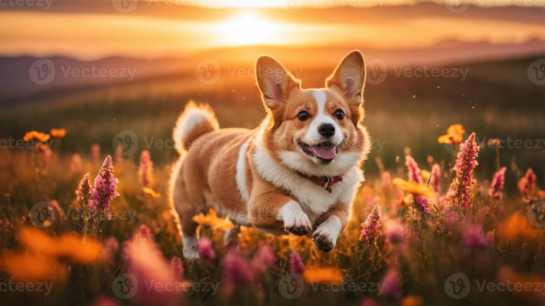 A playful corgi runs through a field of vibrant flowers at sunset. photo