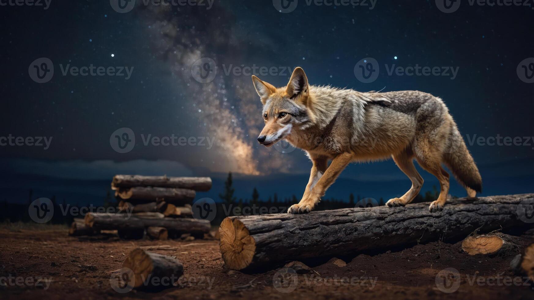 A coyote walks on a log under a starry sky with the Milky Way in the background. photo